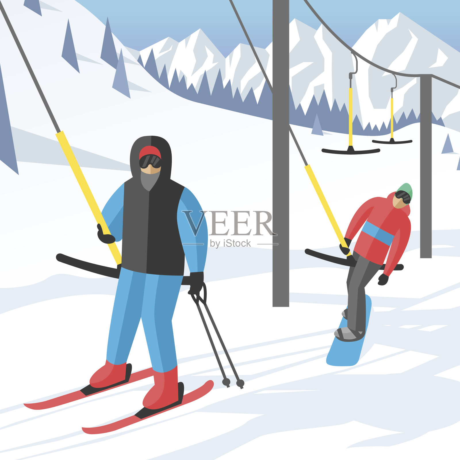 滑雪板坐在滑雪缆车和电梯冬季运动度假村滑雪板人休息提升跳跃向量插图山插画图片素材