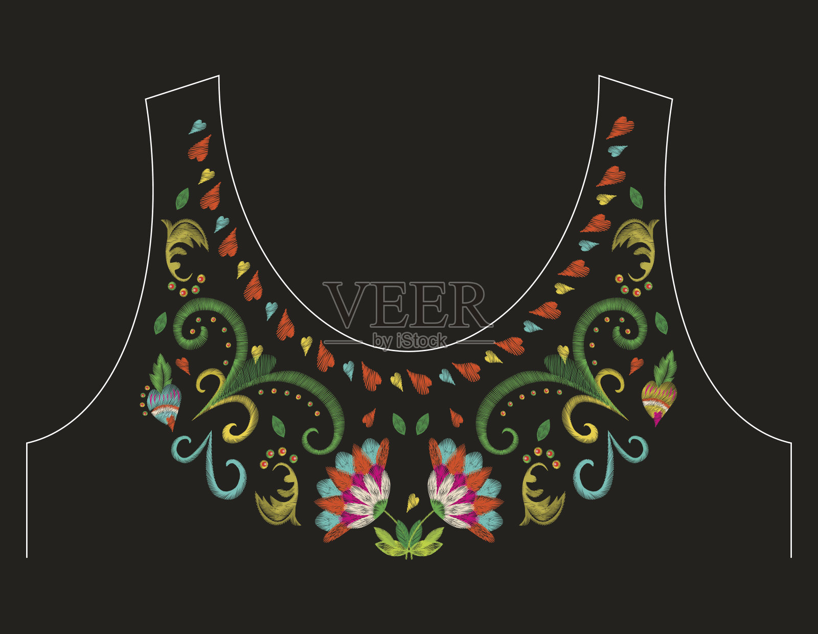 刺绣色彩鲜艳的领口线花卉图案与异国情调的花朵。插画图片素材