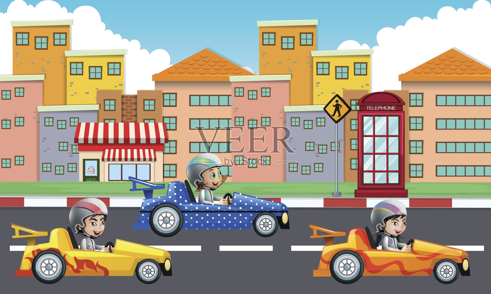 三个孩子在路上驾驶赛车插画图片素材