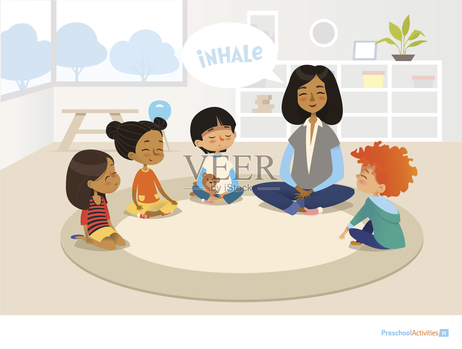 微笑的幼儿园老师和孩子们围坐在一起沉思。幼儿活动与幼儿教育理念。矢量插图横幅，网站，海报，广告。插画图片素材