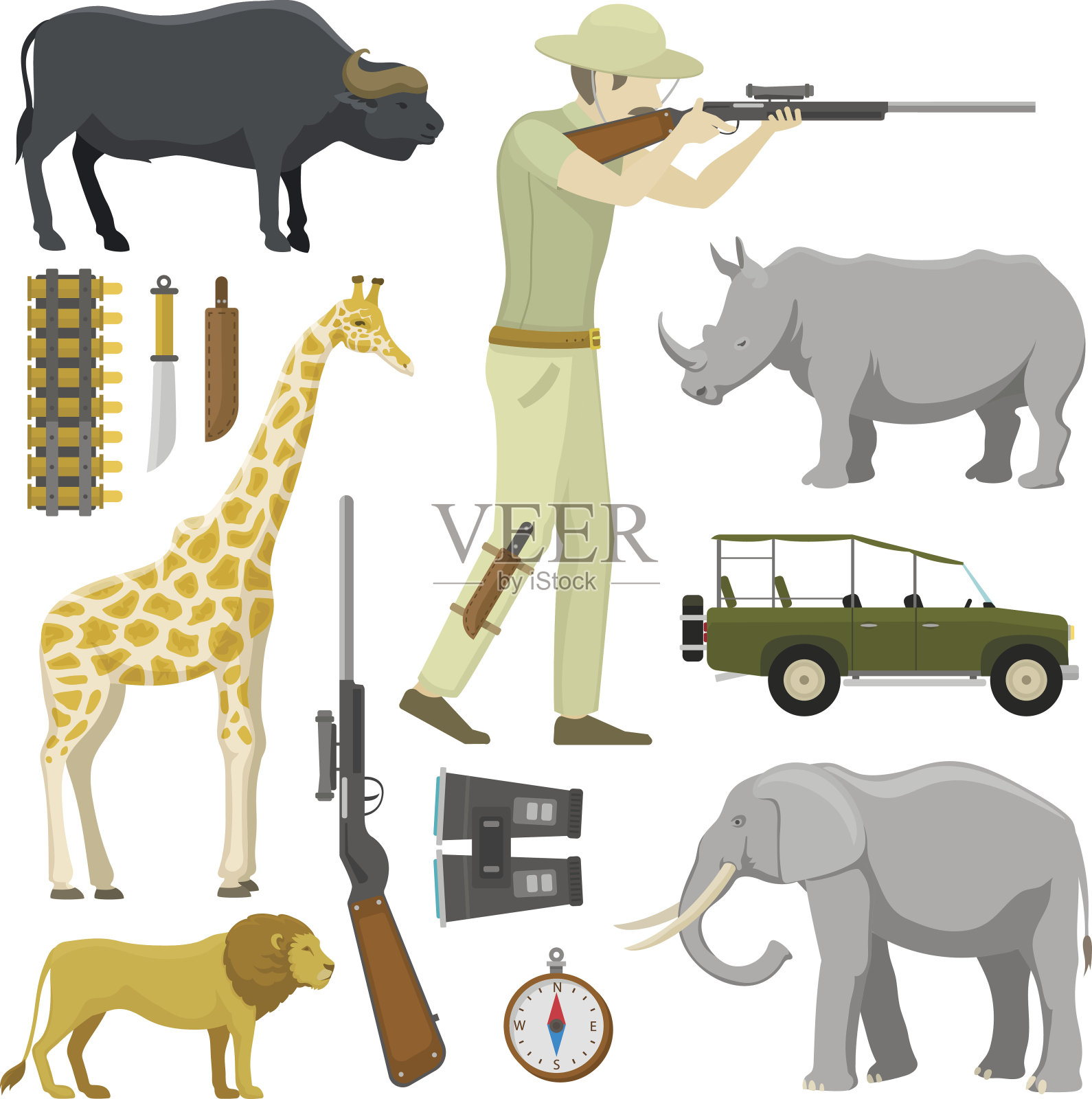 卡通猎人瞄准步枪非洲猎枪与指南针，步枪，双筒望远镜和吉普车和探险家追求狩猎运动目标图标矢量插图插画图片素材