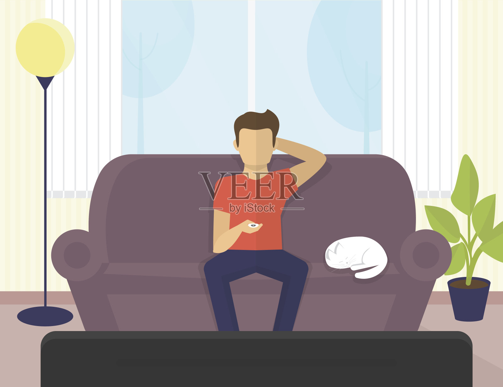 年轻人坐在家里的沙发上看电视，喝啤酒插画图片素材