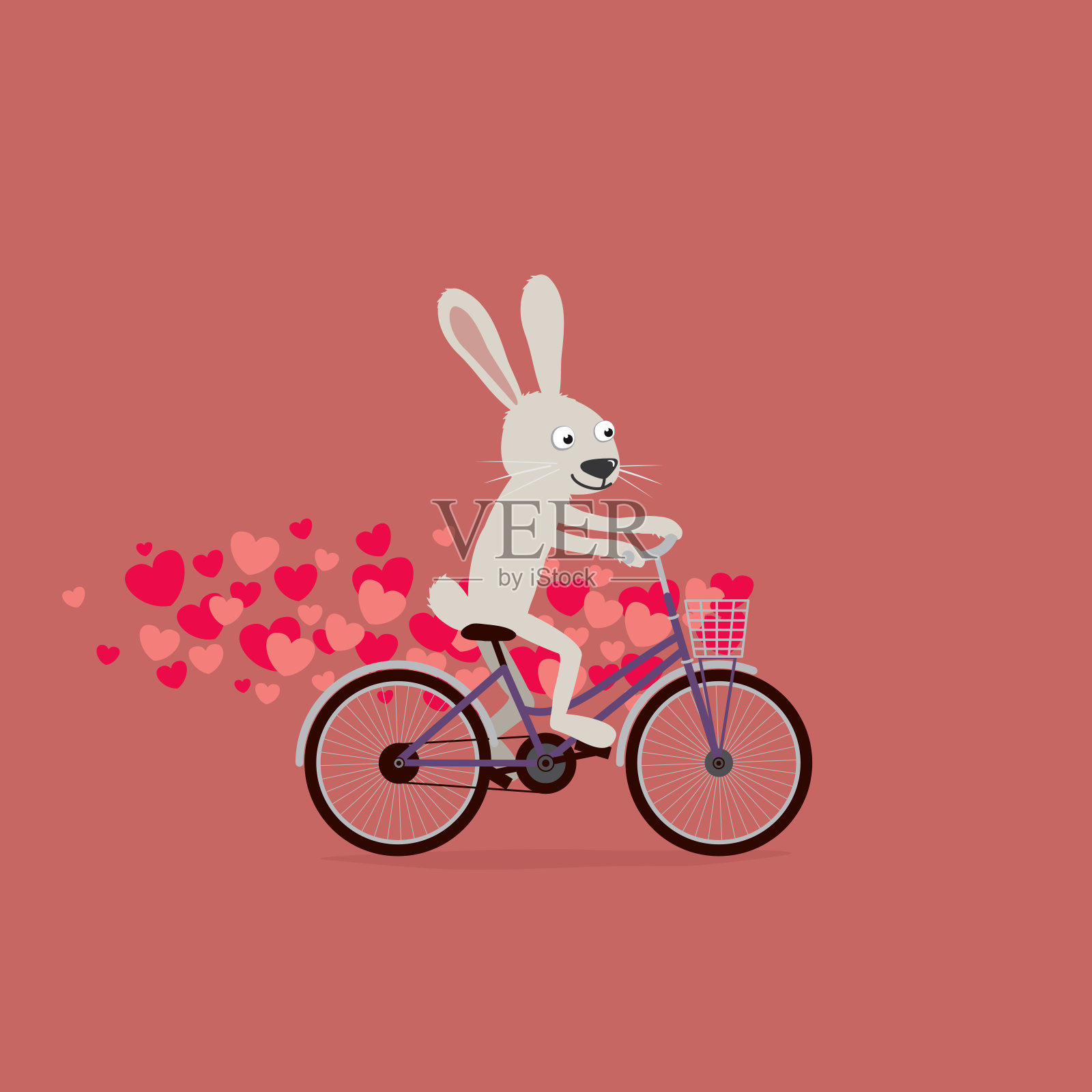 可爱的情人节卡片:卡通兔子骑着心形自行车插画图片素材