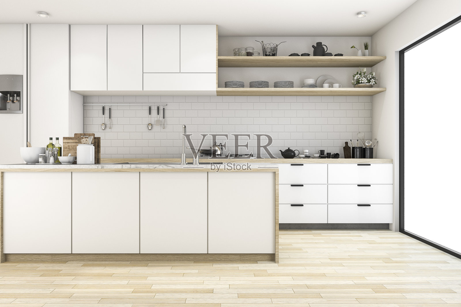 3d渲染斯堪的纳维亚厨房与白色色调设计照片摄影图片