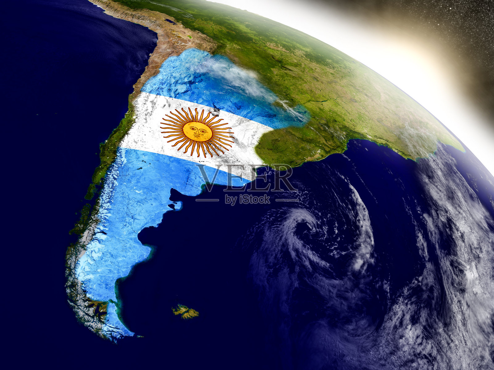 冉冉升起的太阳中，国旗飘扬的阿根廷照片摄影图片