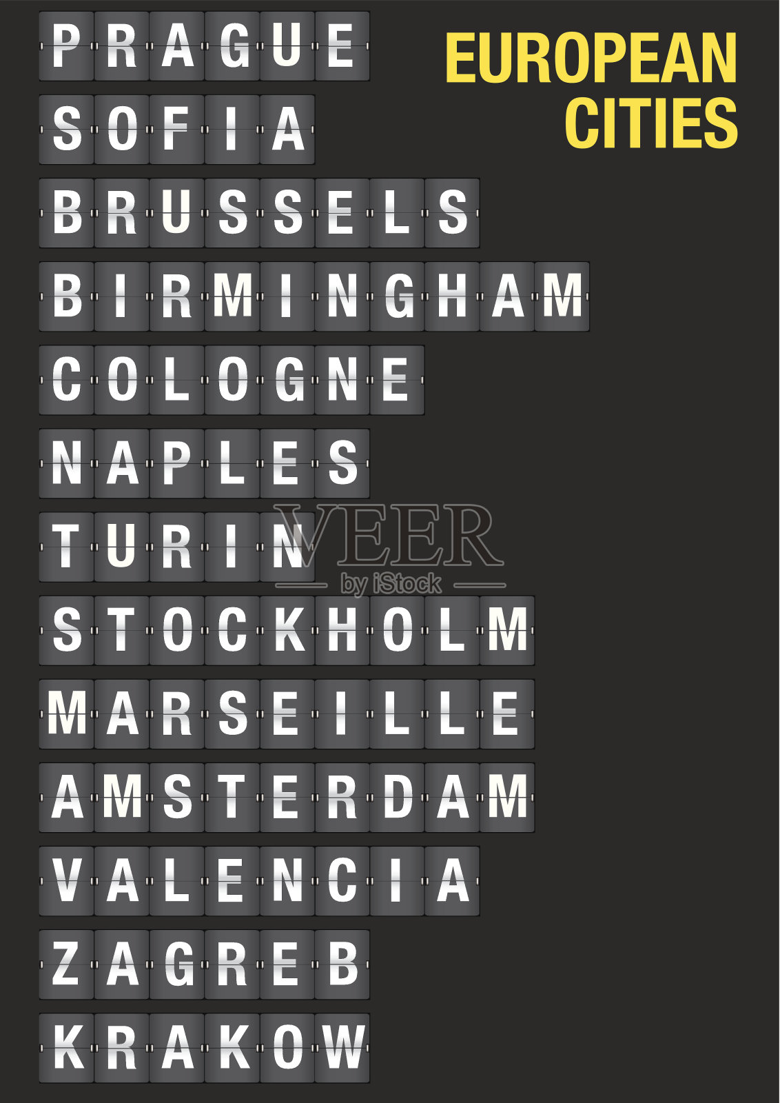 机场白板上的欧洲城市名称插画图片素材