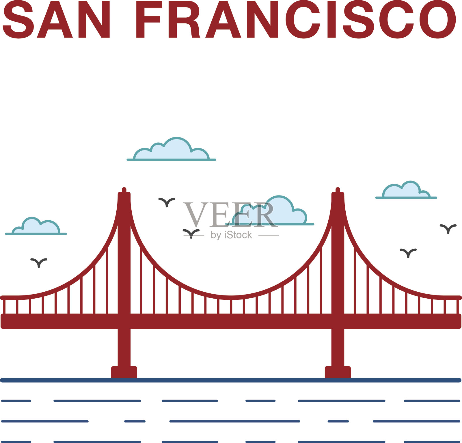 彩色旧金山金门大桥。插画图片素材