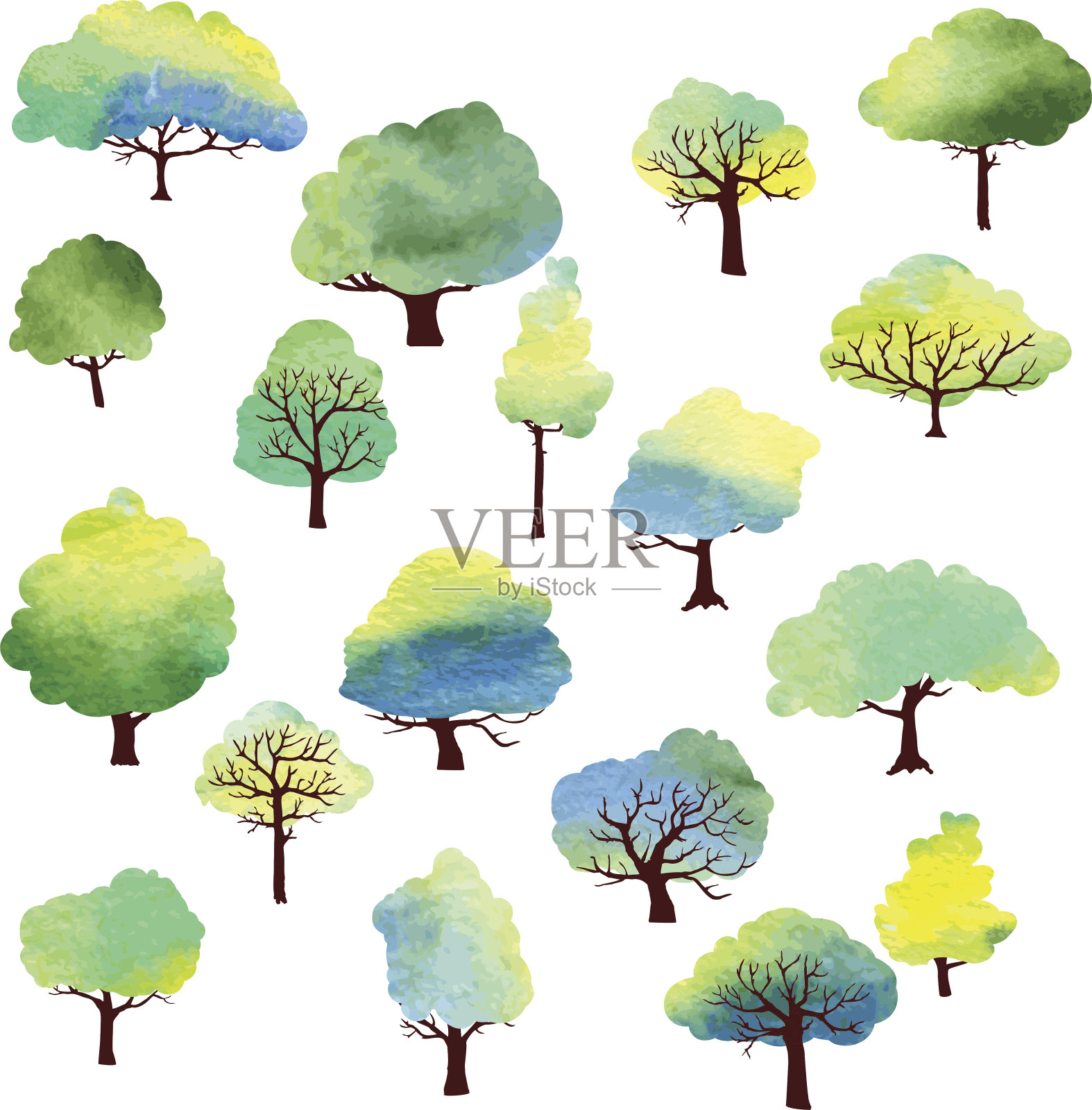 用水彩画不同的树木插画图片素材