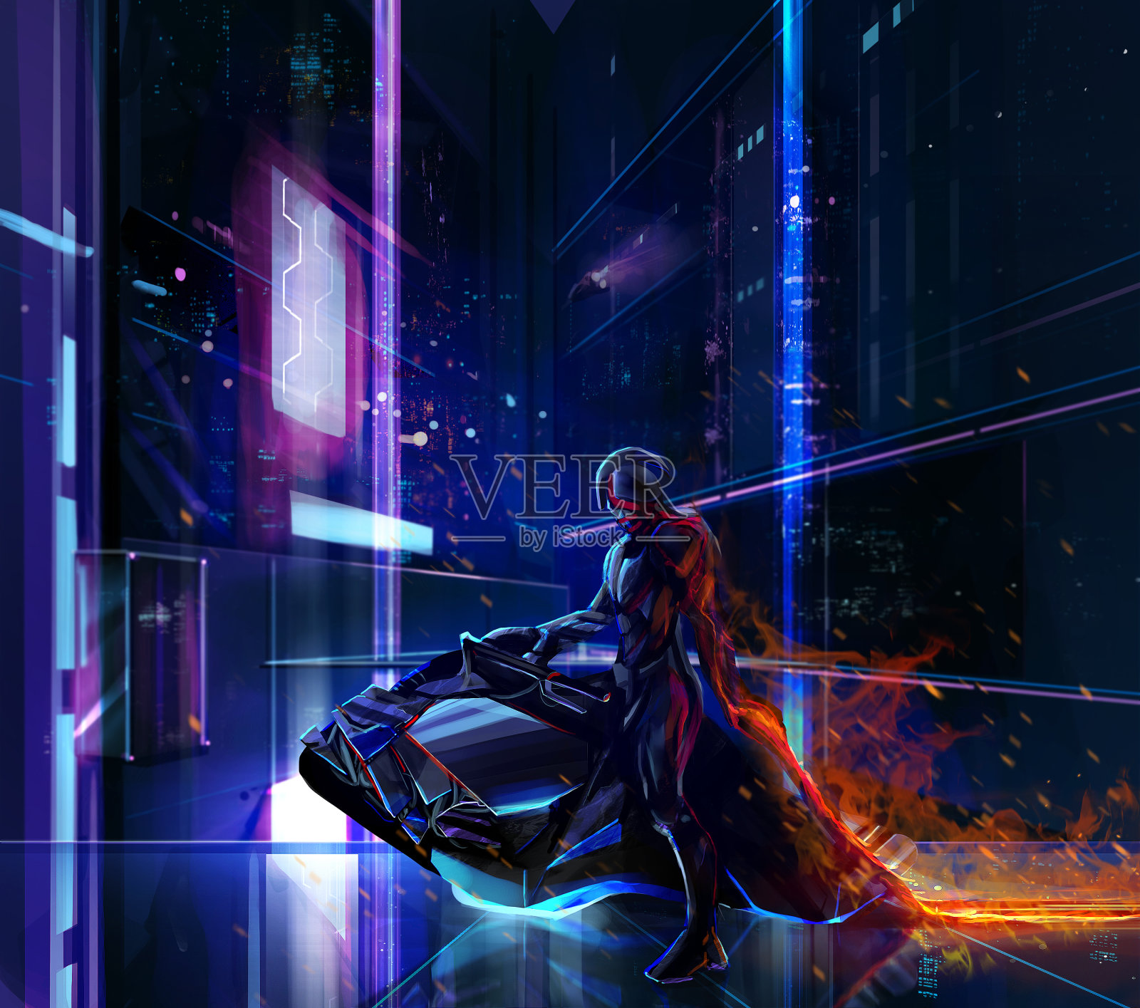 科幻霓虹战士在自行车上插画图片素材