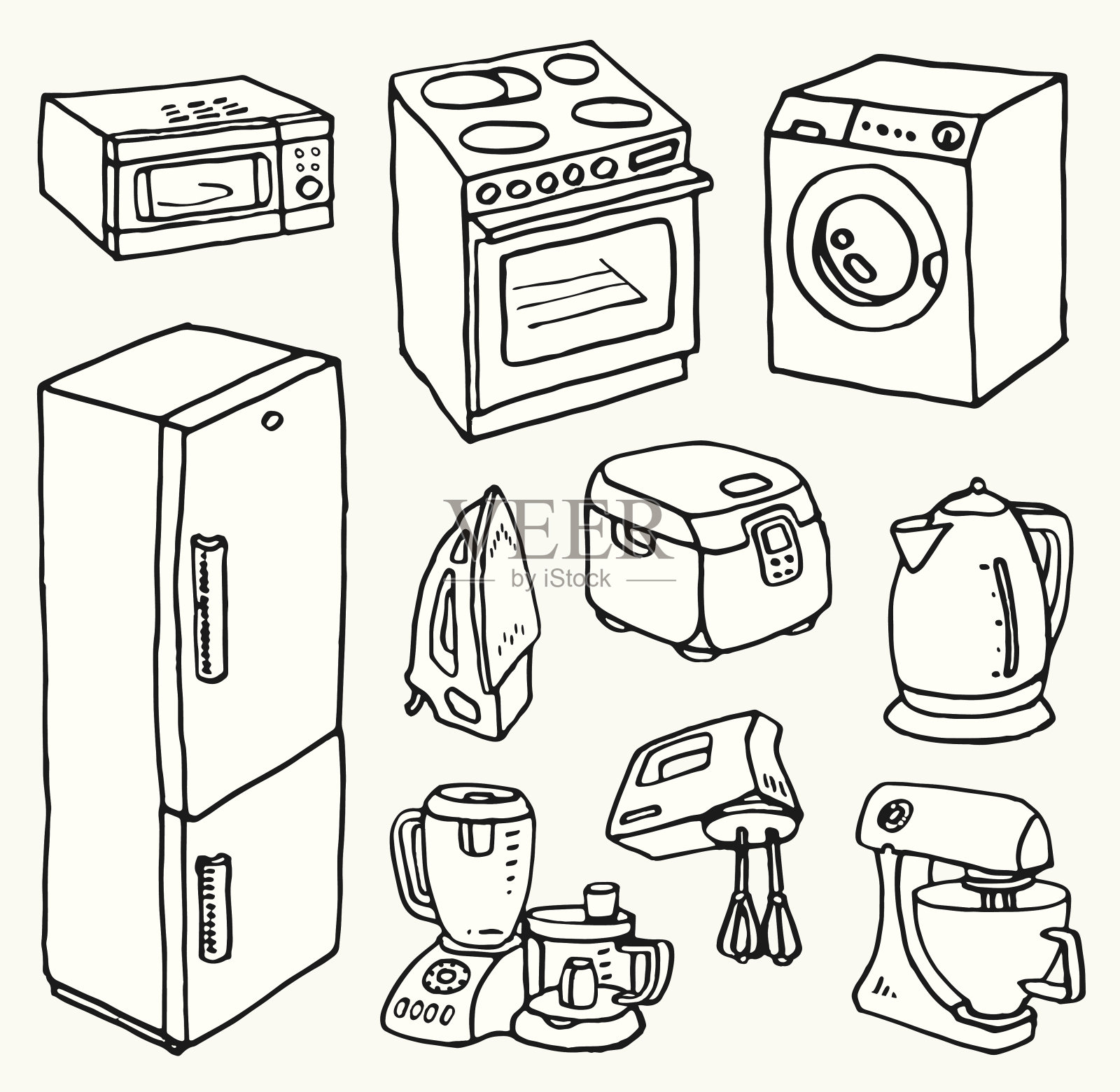 卡通手绘家用电器用于烹饪和清洁插画图片素材