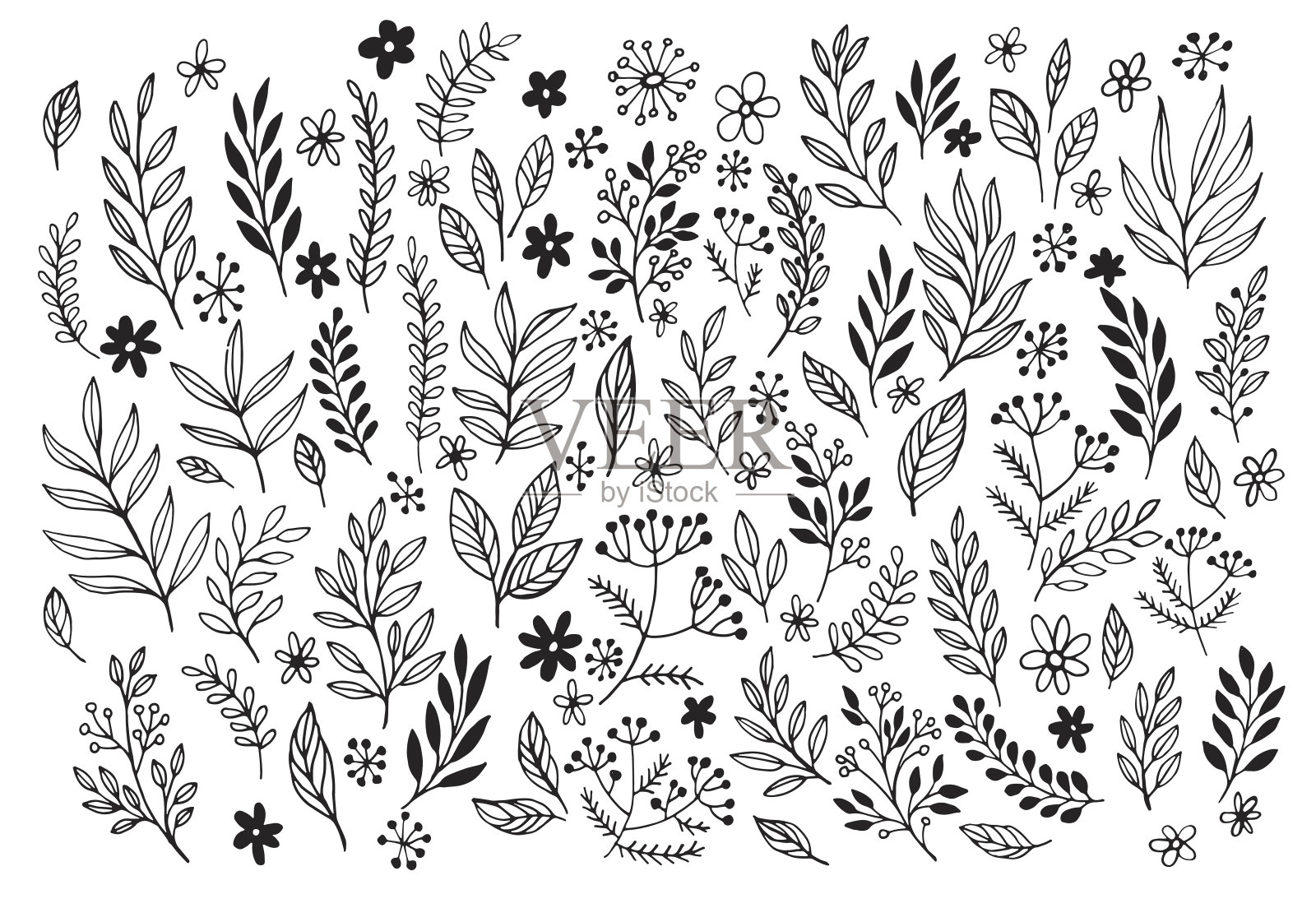 一套线条涂鸦手绘设计花卉元素插画图片素材