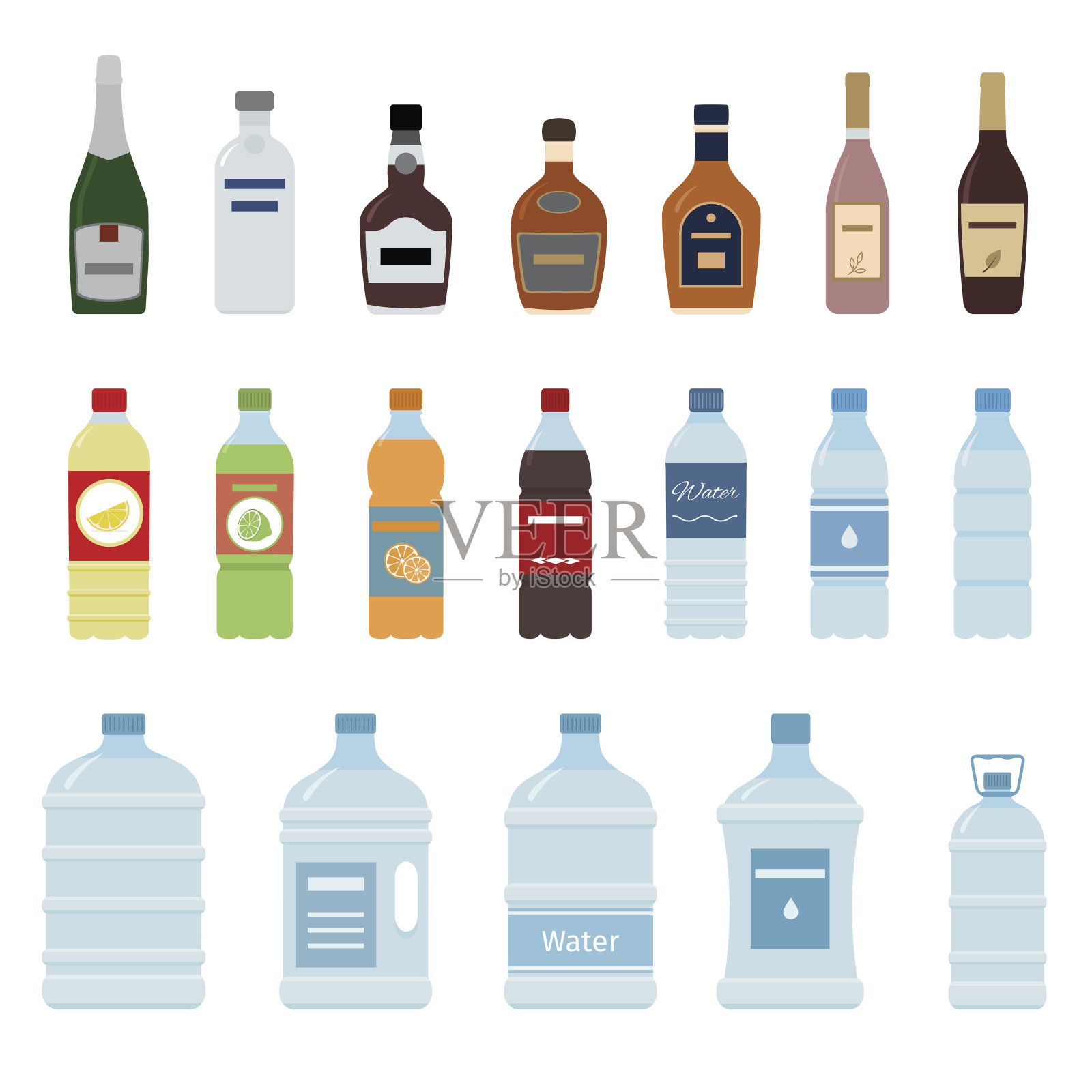 一套孤立的水和酒精瓶图标。插画图片素材