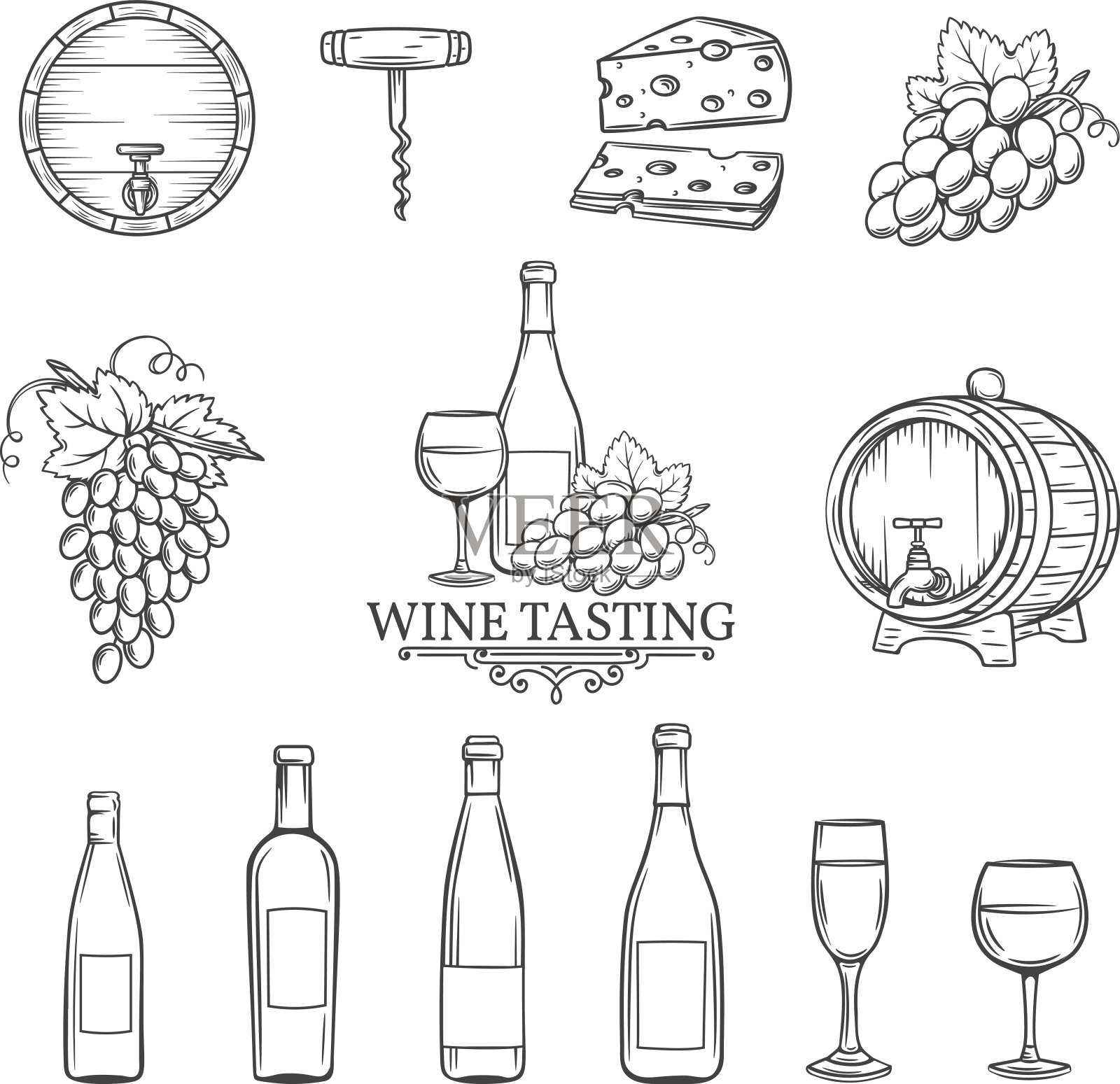矢量手画葡萄酒图标设置为白色插画图片素材