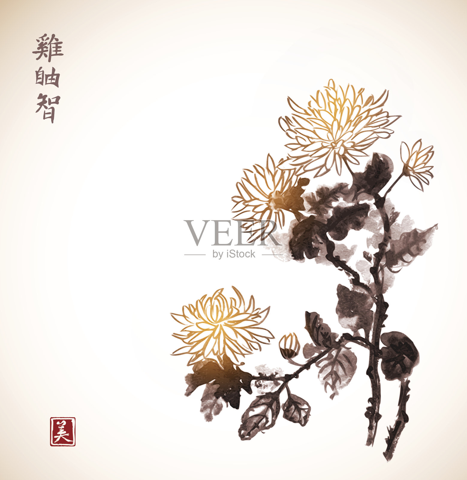 复古风格的菊花。传统东方水墨画背景图片素材