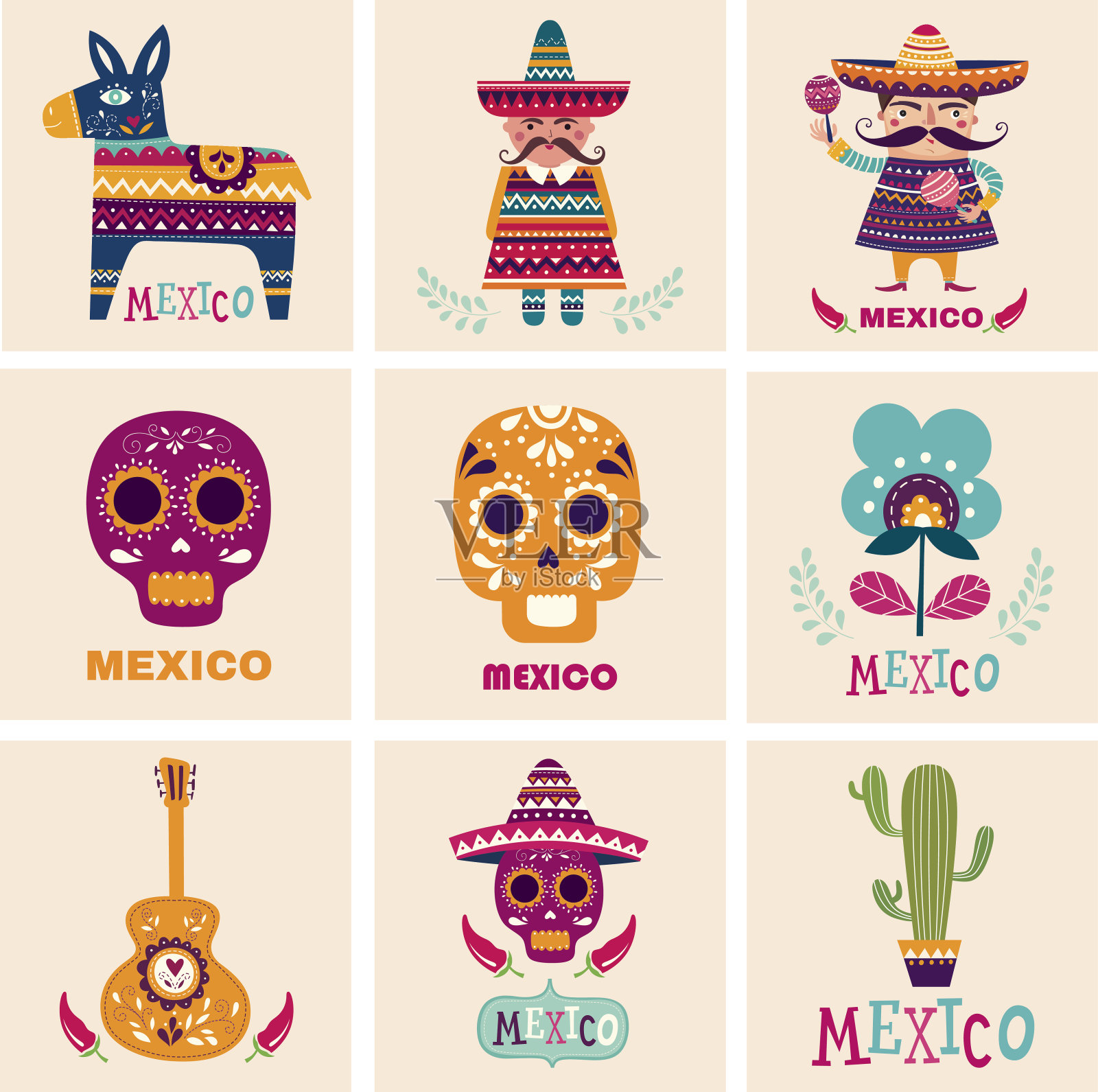 带有墨西哥符号的卡片插画图片素材