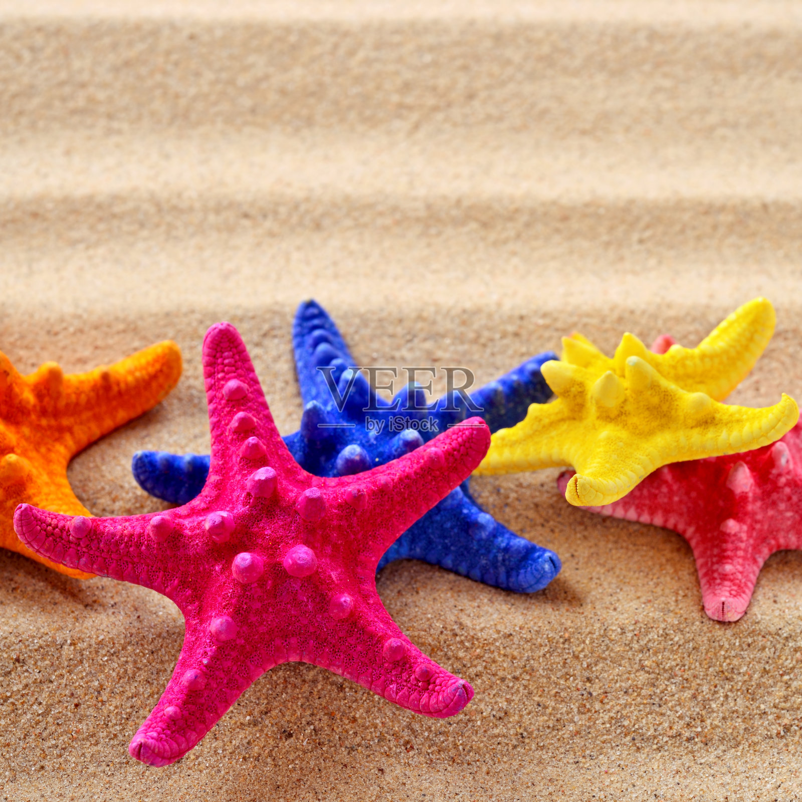 彩色海星与复制空间上的沙子照片摄影图片