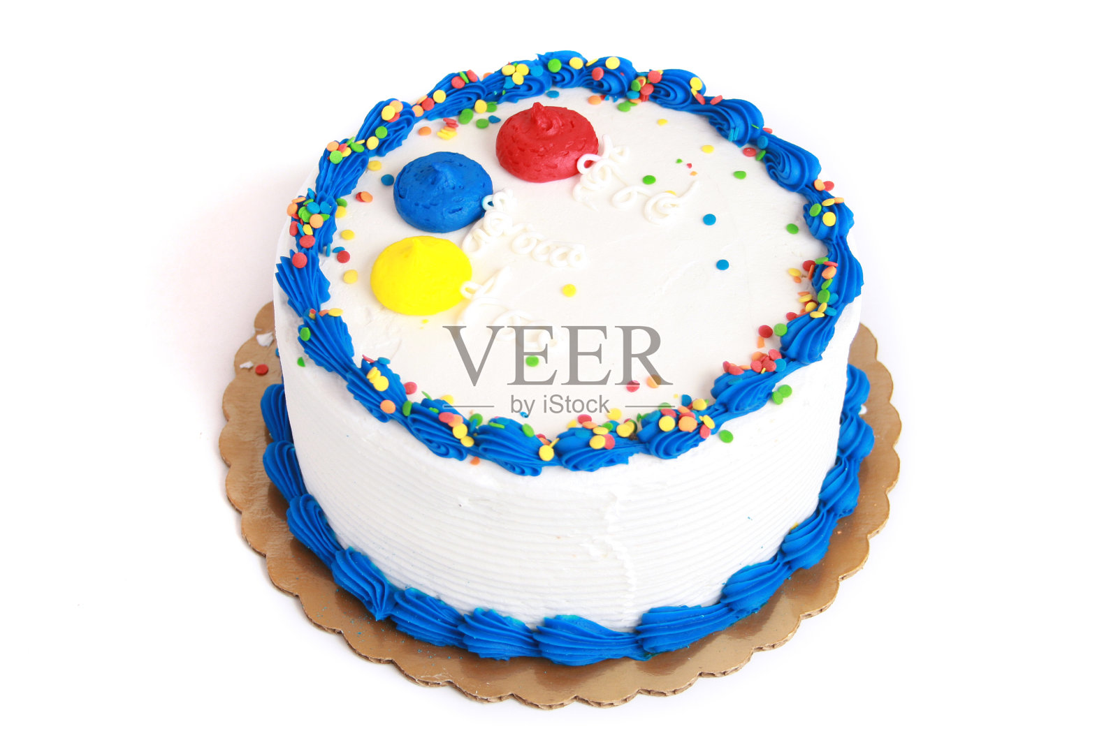 蓝色和白色的生日蛋糕，上面有气球照片摄影图片