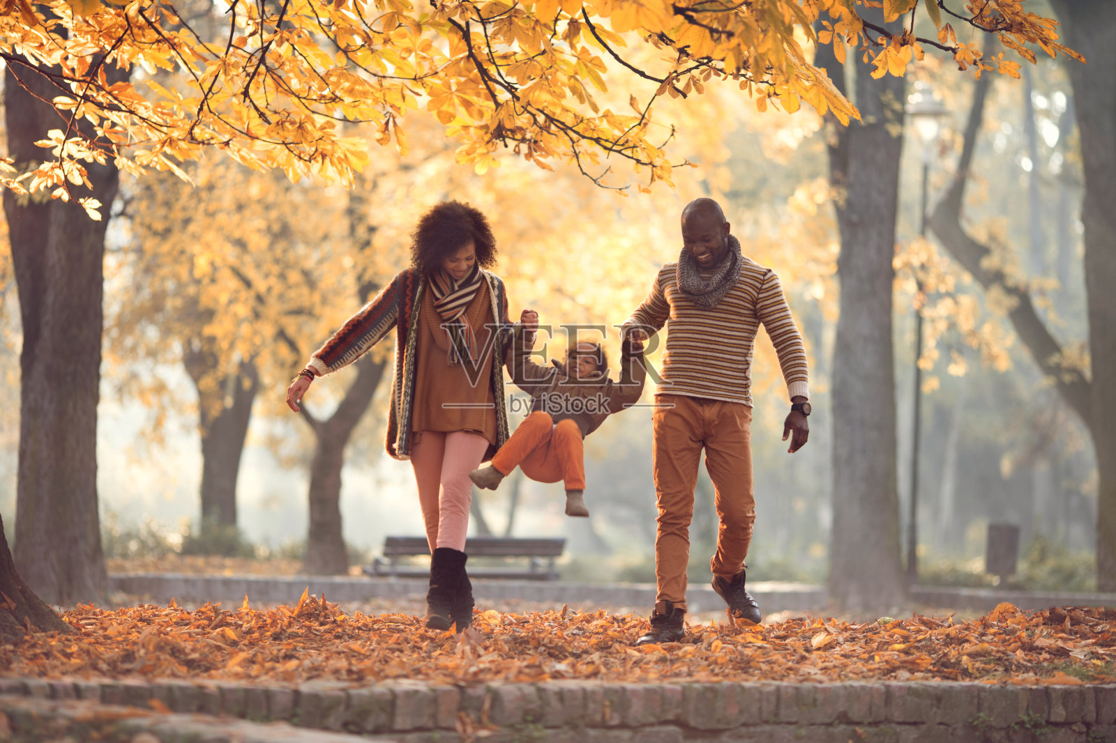 非裔美国家庭在秋天公园散步和玩耍。照片摄影图片