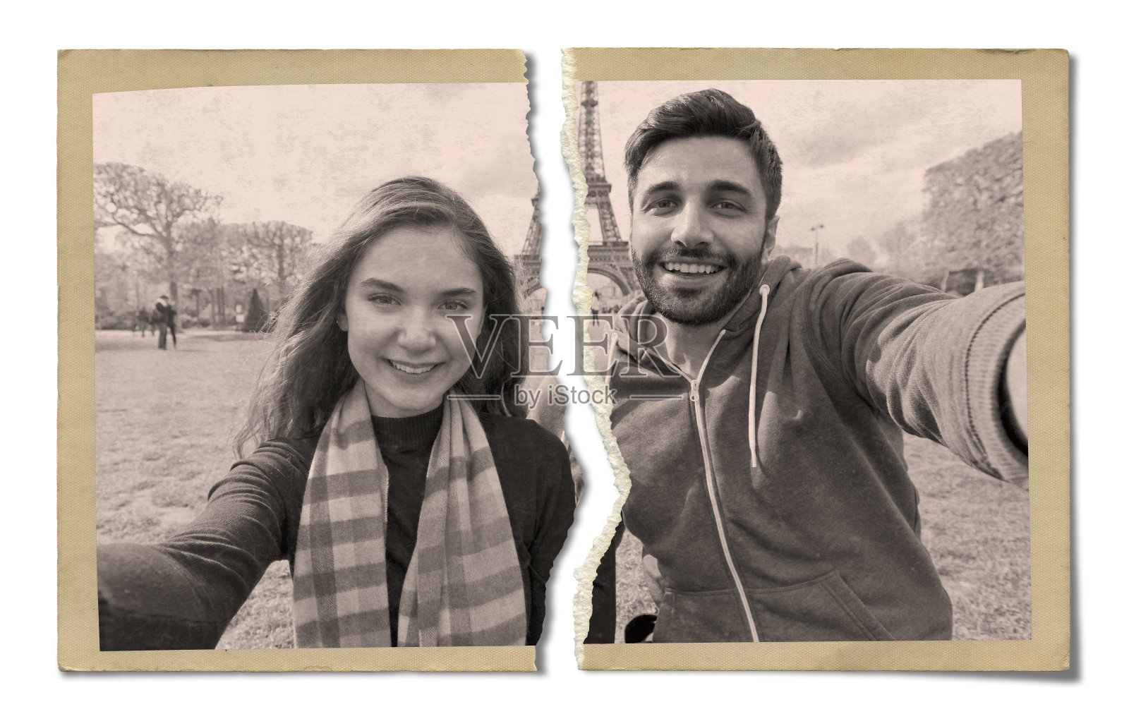 一对幸福的年轻夫妇在巴黎。照片摄影图片