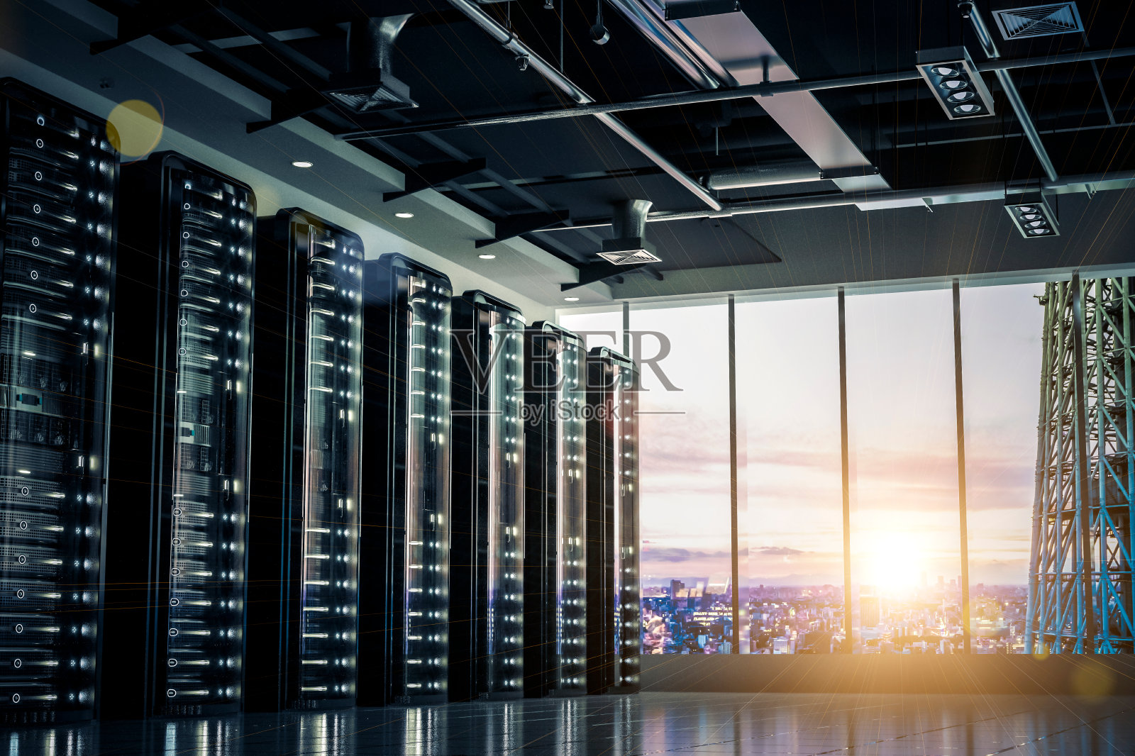网络服务器机架与skyline照片摄影图片