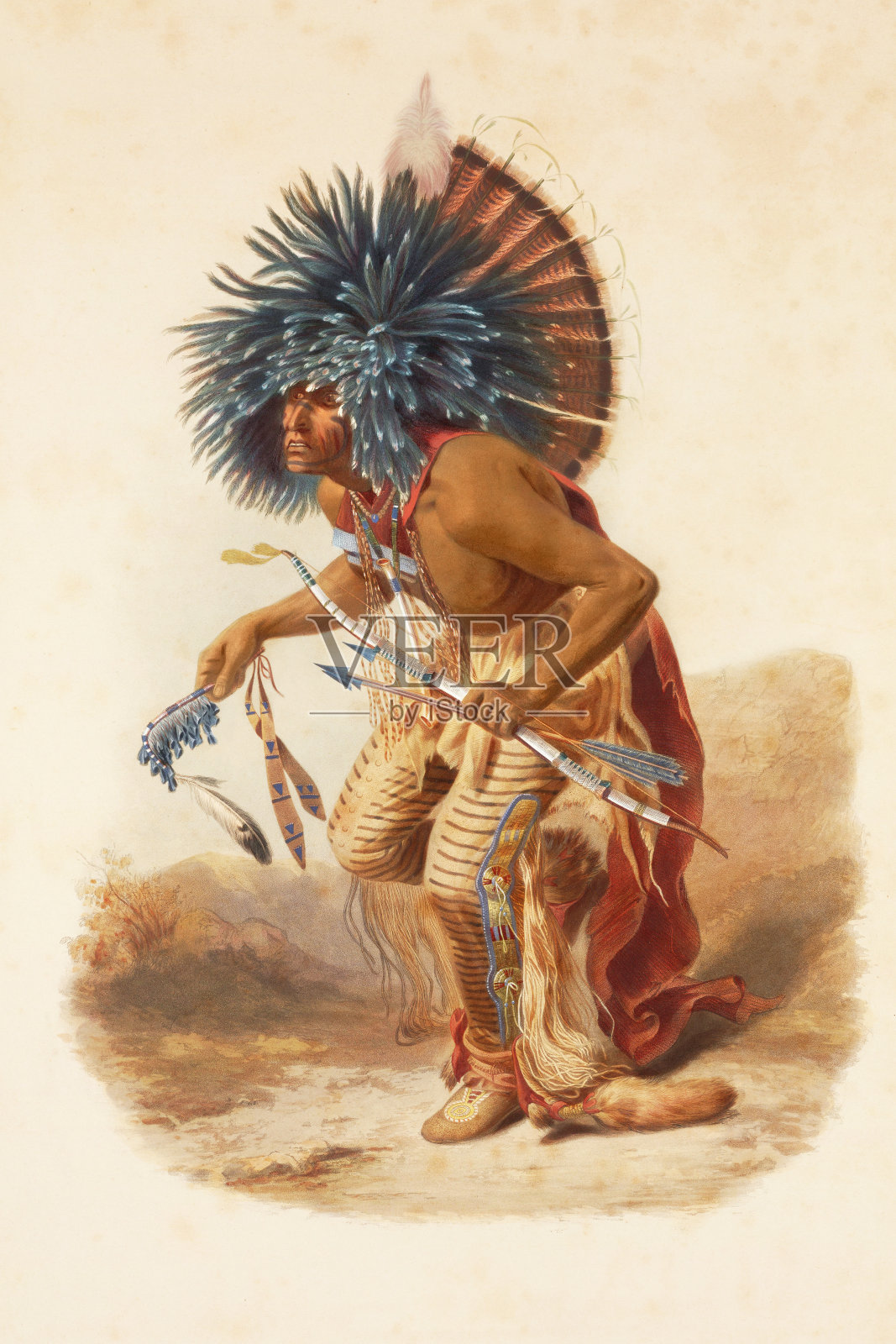 1841年出生的美国土著，有头饰、舞蹈雕刻插画图片素材