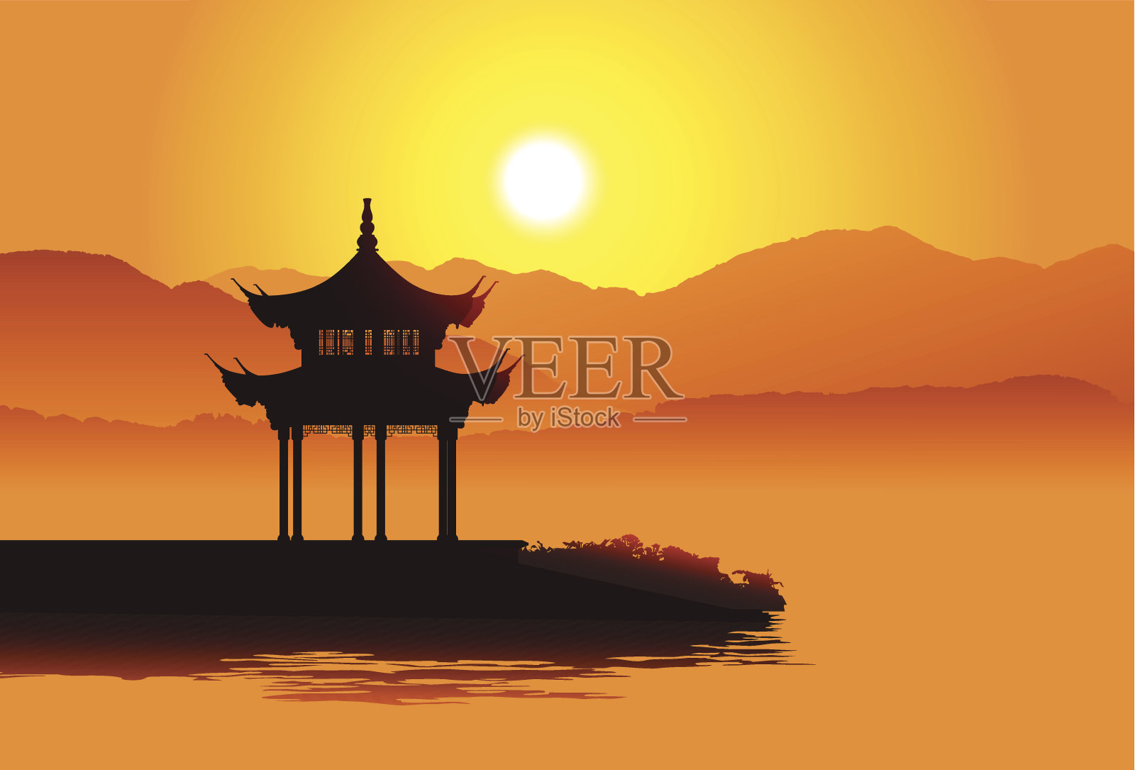 中国馆附近的山在橙色日落插画图片素材