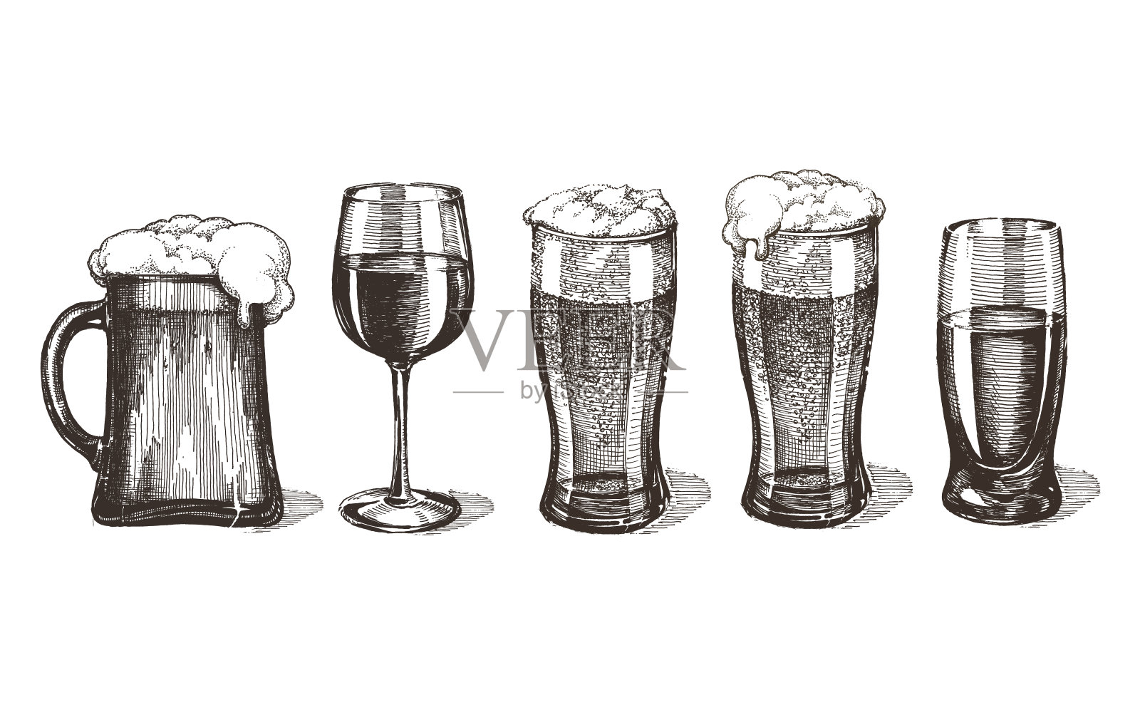 白色背景上的酒吧酒精饮料。草图插画图片素材