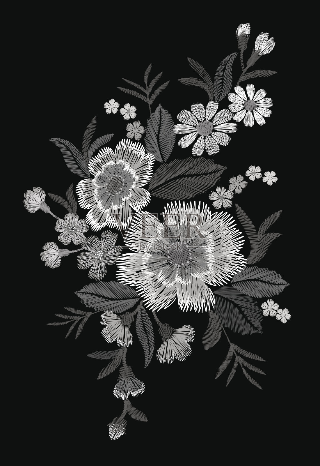 刺绣黑色和白色花补丁罂粟和雏菊佩斯利花插画图片素材