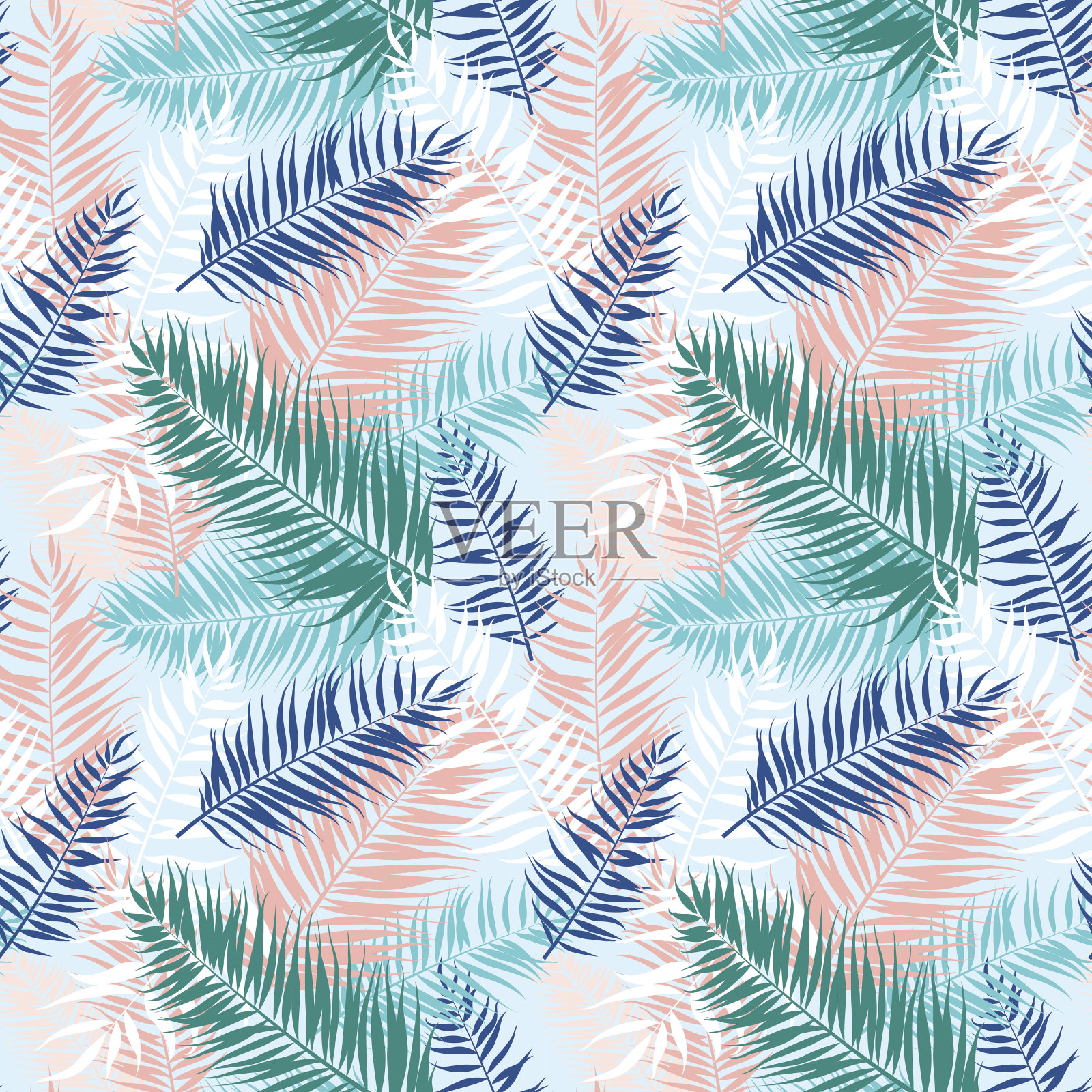 热带棕榈叶的无缝图案。矢量插图。平面设计插画图片素材