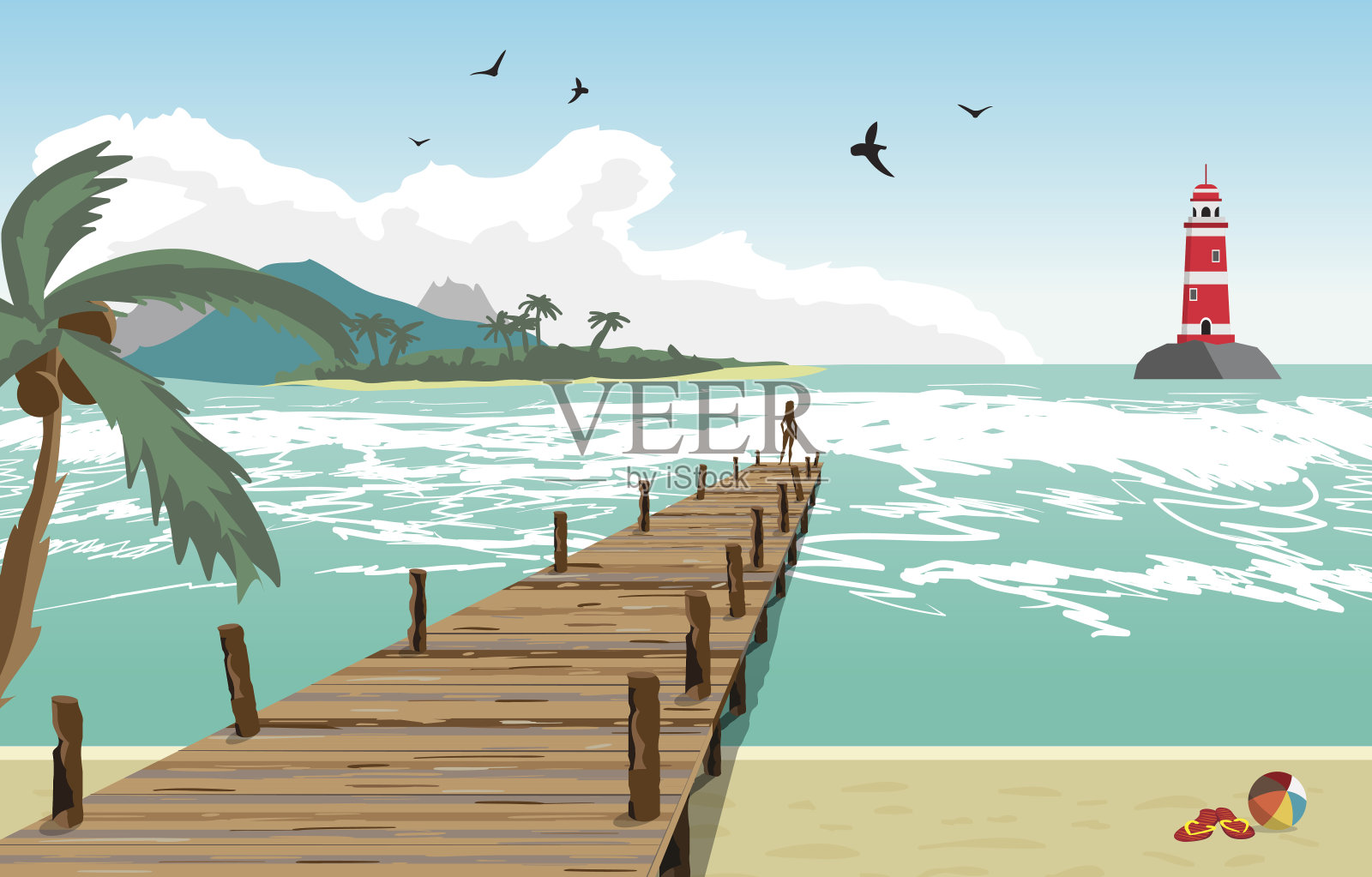 夏日海滩海景，一个女人的剪影在老木码头上插画图片素材