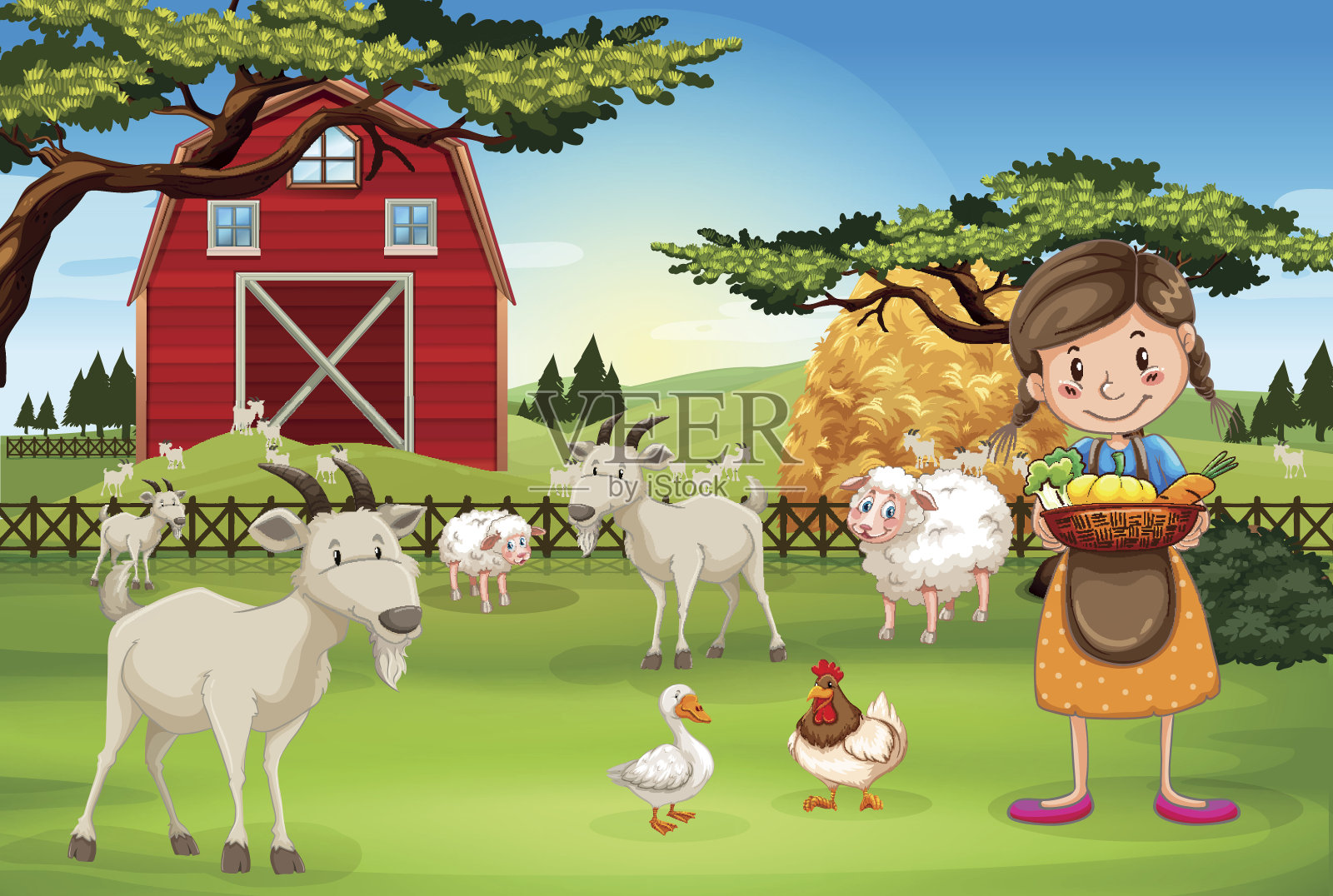 在农场和动物一起工作的农民插画图片素材