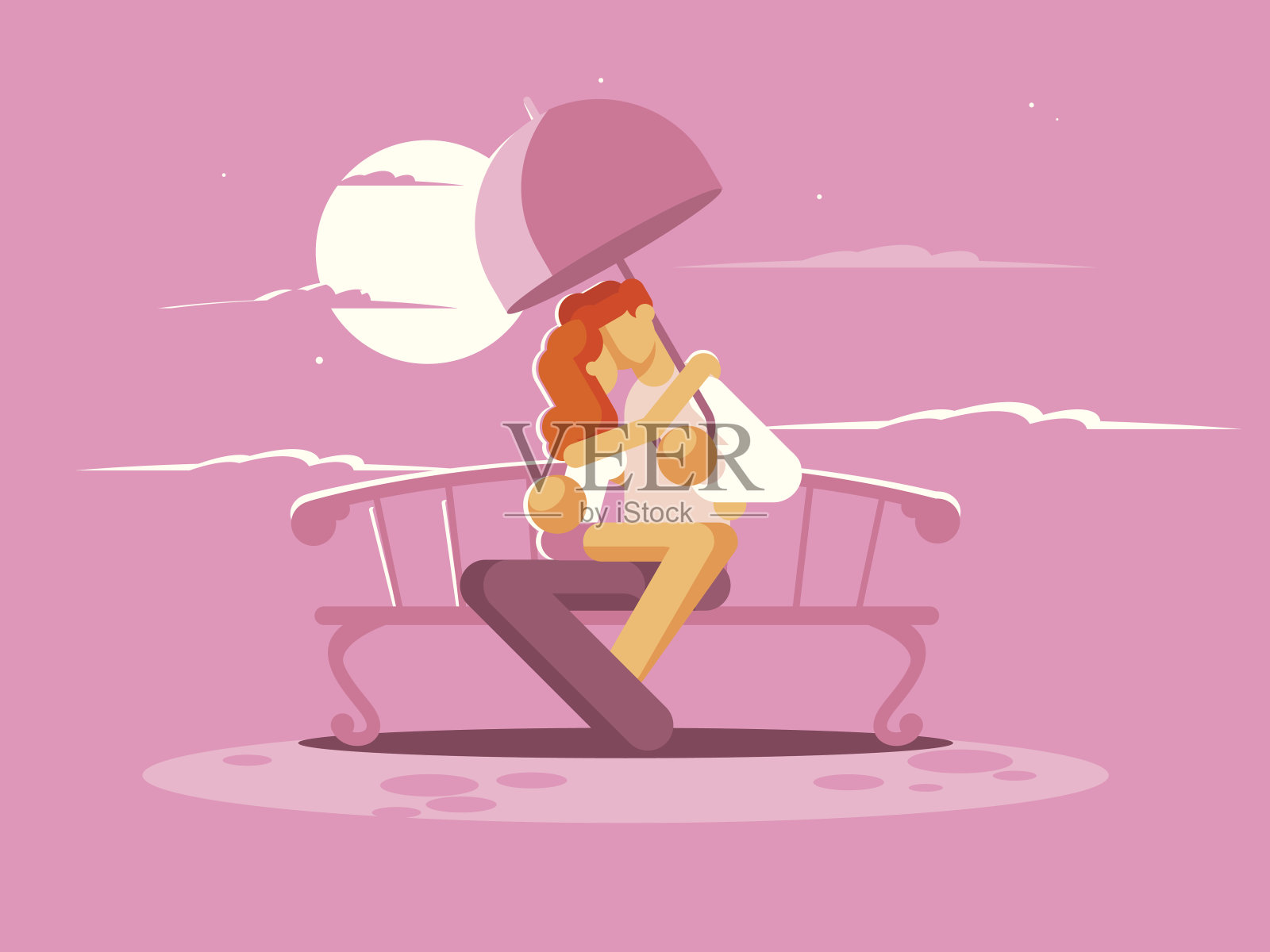 情侣撑伞坐在长椅上背景图片素材