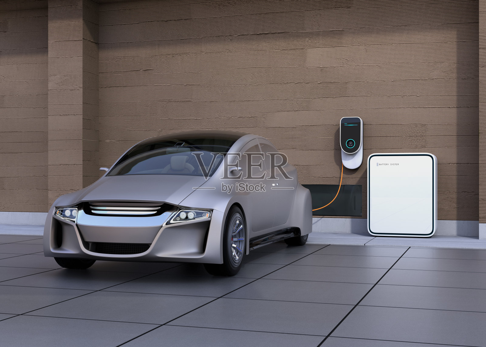 银色自动汽车在电动汽车充电站插画图片素材
