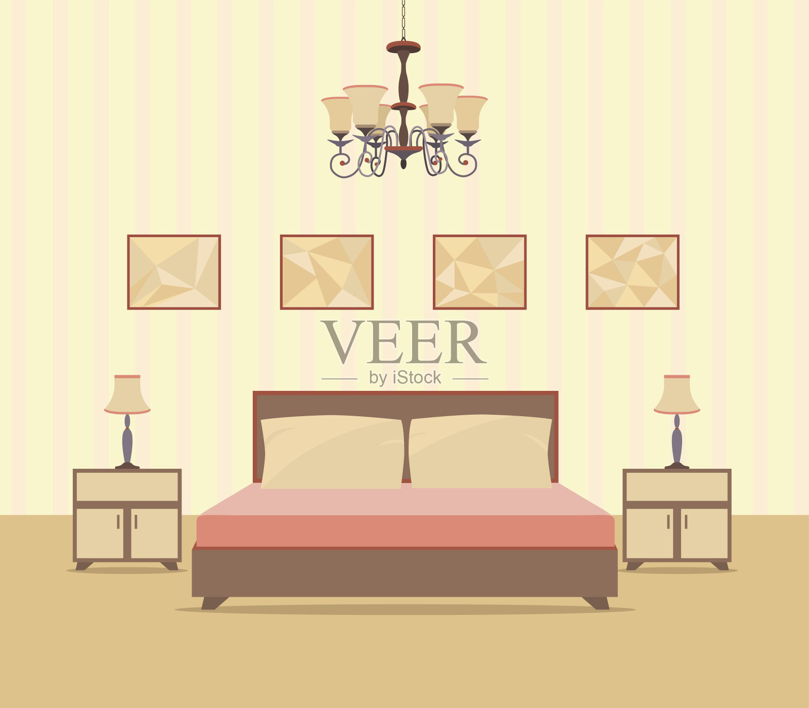 卧室室内设计为平面风格，包括床，桌子，灯，床头柜和相框。插画图片素材