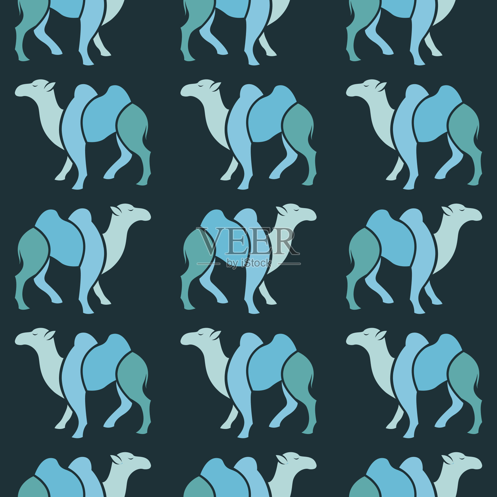 矢量无缝模式与蓝色骆驼在深蓝色的背景。壁纸插画图片素材
