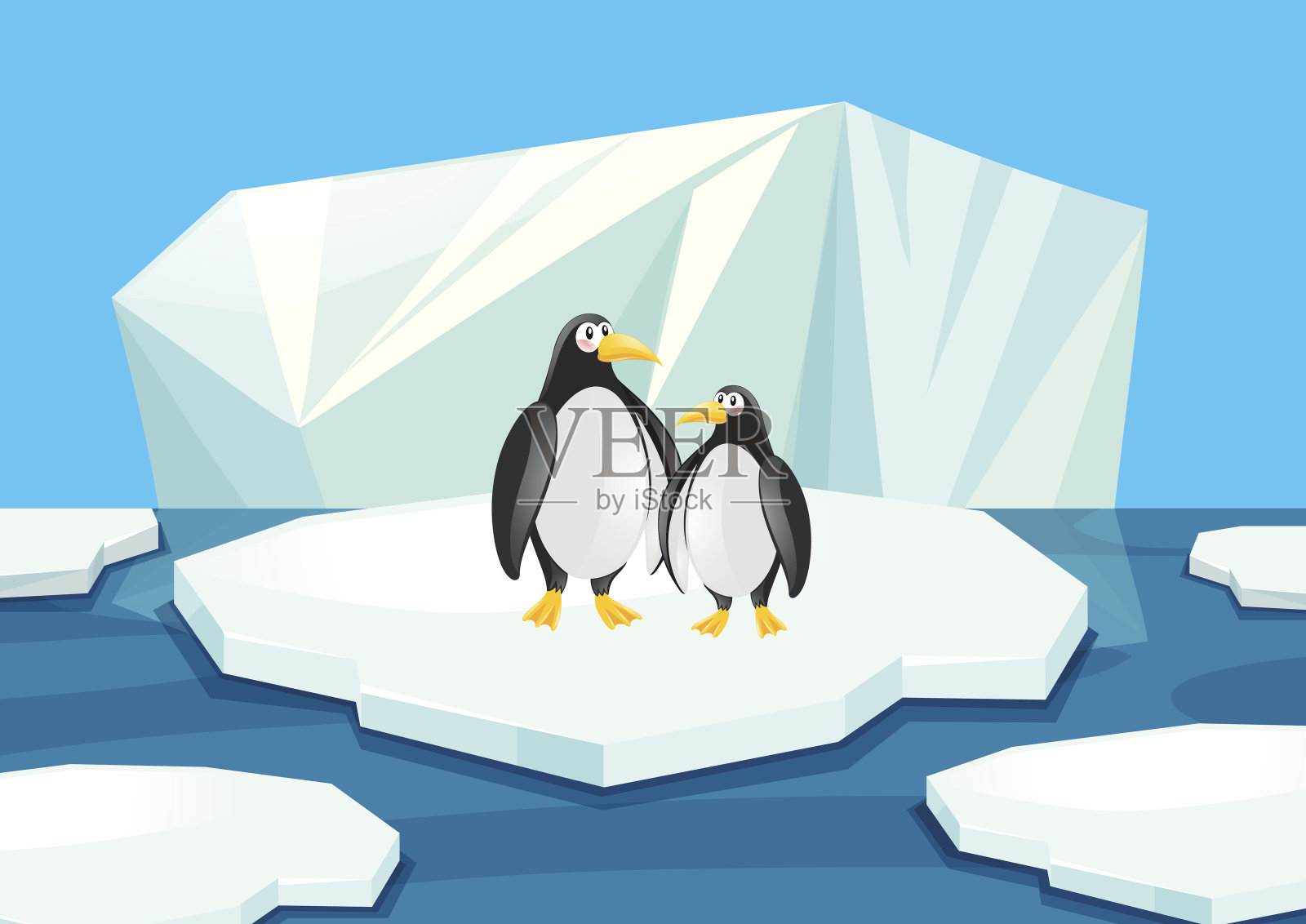 两只企鹅站在冰上插画图片素材