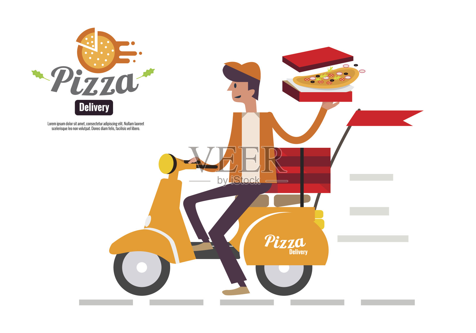 披萨外卖男孩骑着摩托车，在白色的背景下与世隔绝。插画图片素材