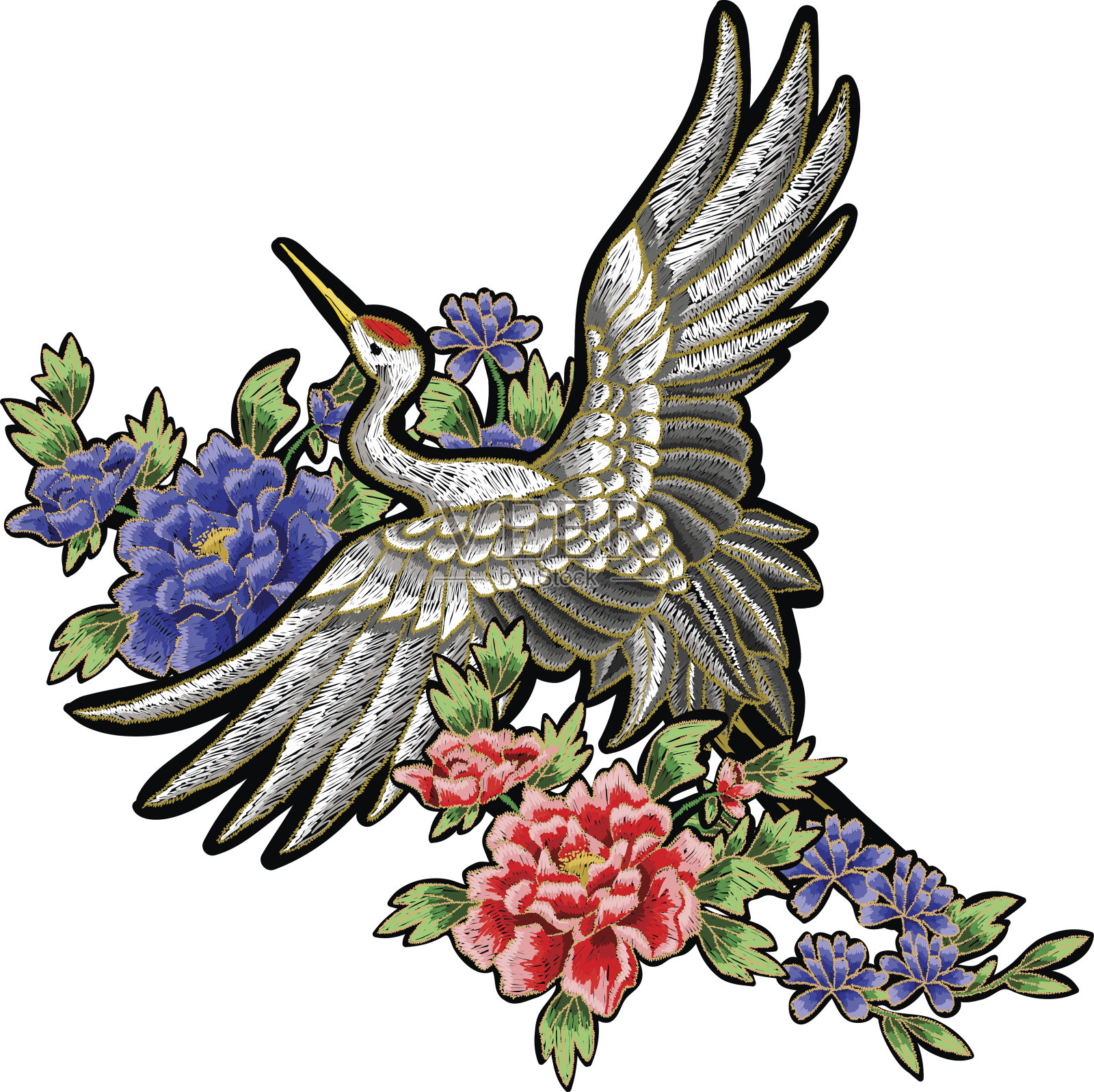 日本白鹤和牡丹花。刺绣向量。插画图片素材