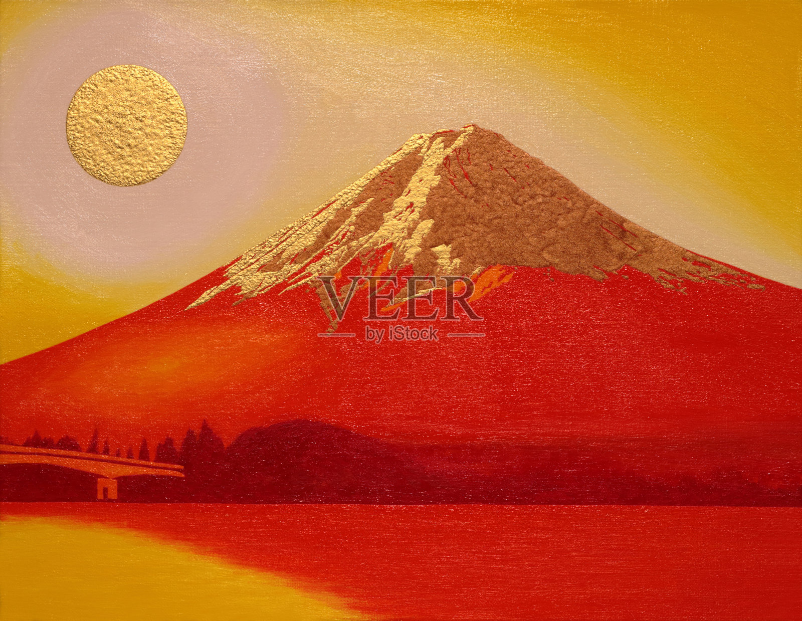 河口湖からの金の太陽の赤富士插画图片素材
