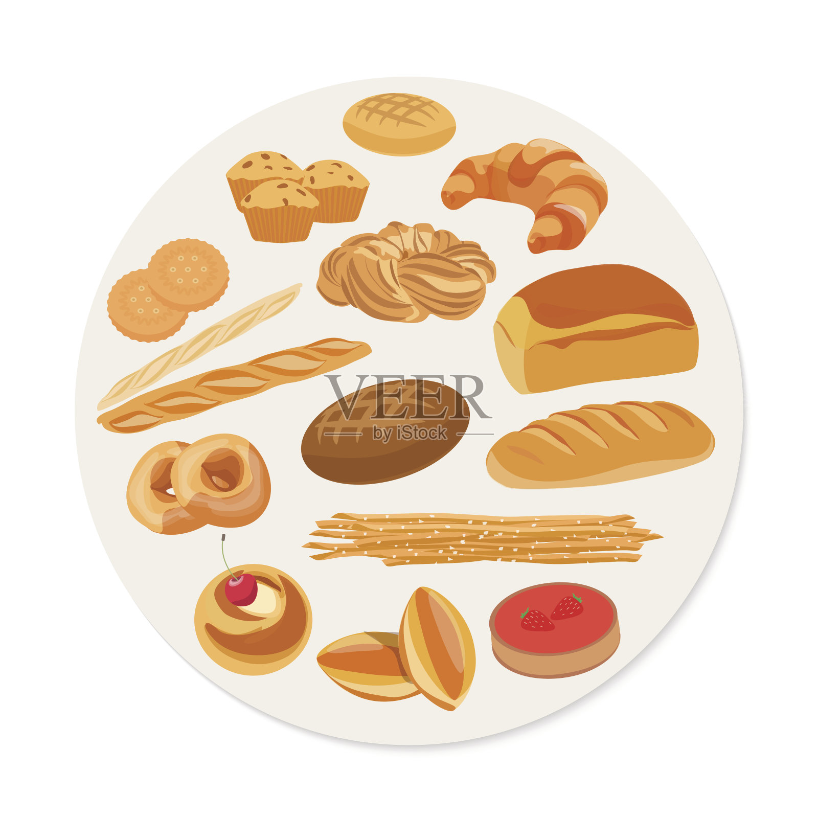 圆形状的各种糕点和烘焙产品的扁平风格。插画图片素材