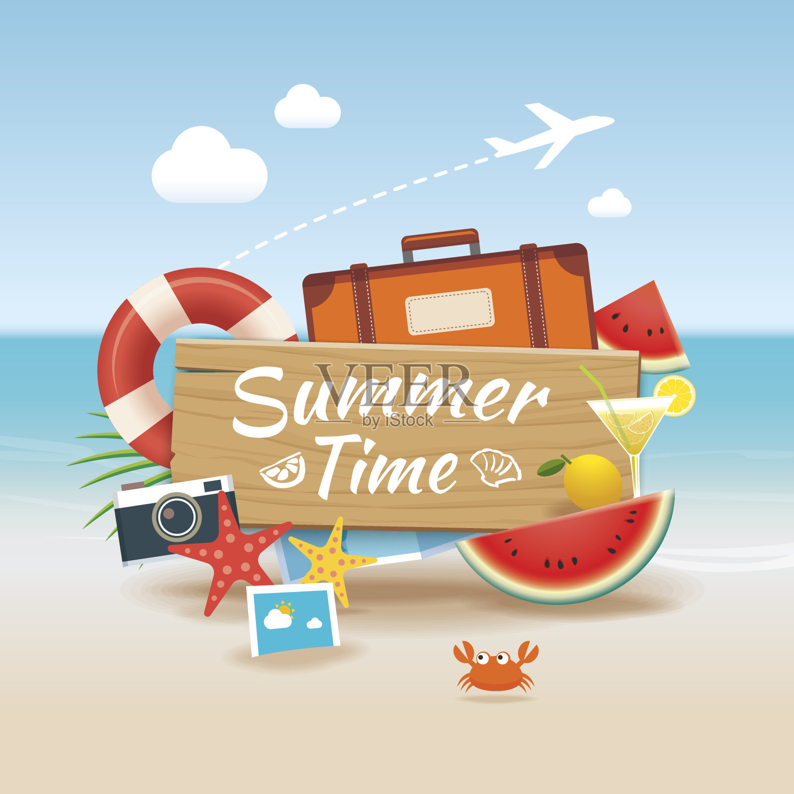 夏季时间背景横幅设计模板和木标志元素沙滩季节插画图片素材