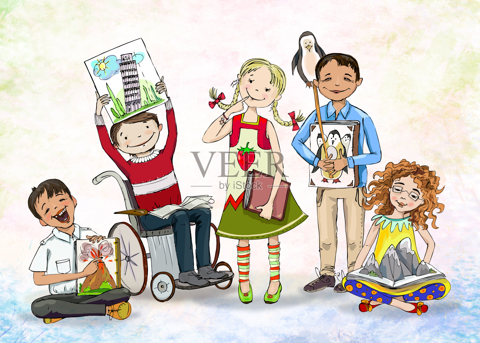 一群快乐的孩子，包括坐在轮椅上的男孩，拿着书。教育理念说明插画图片素材
