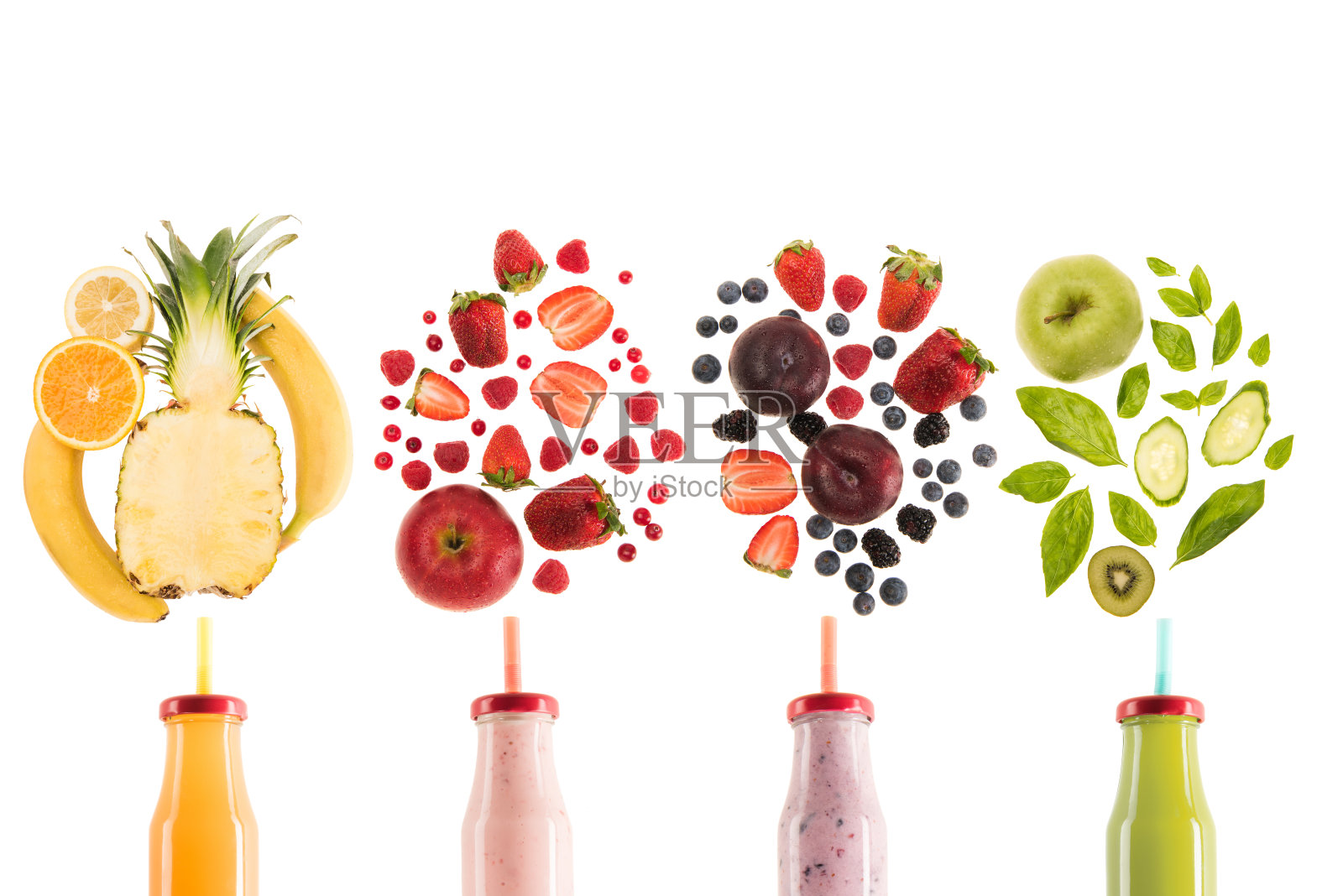 不同的健康冰沙在瓶中与新鲜的原料隔离的白色，新鲜水果冰沙的概念照片摄影图片