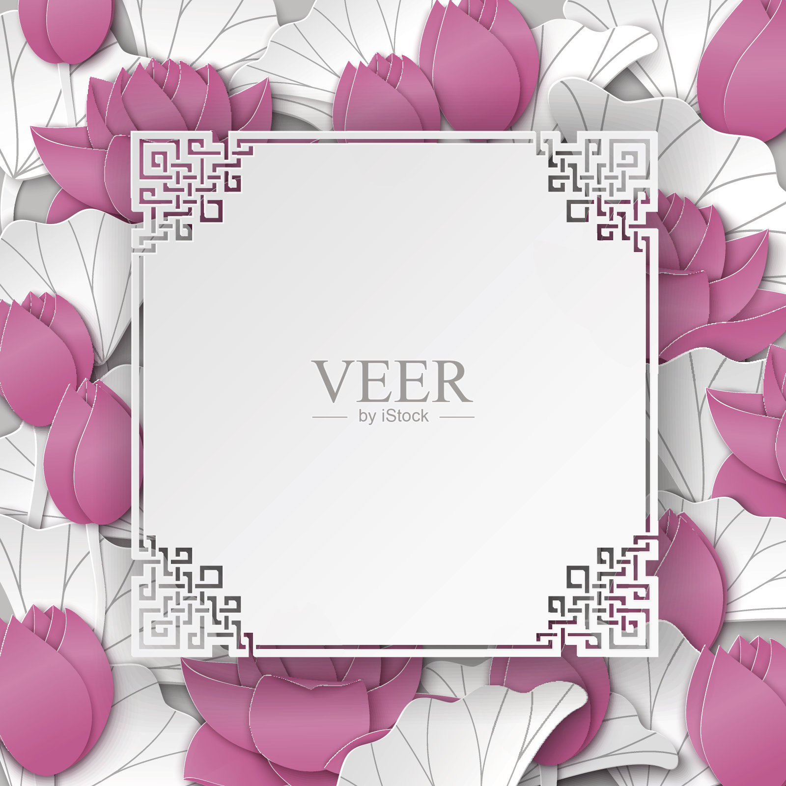 东方花卉背景与粉红色荷花和中国华丽的切割框在白色背景贺卡，海报或横幅。空间的文本插画图片素材