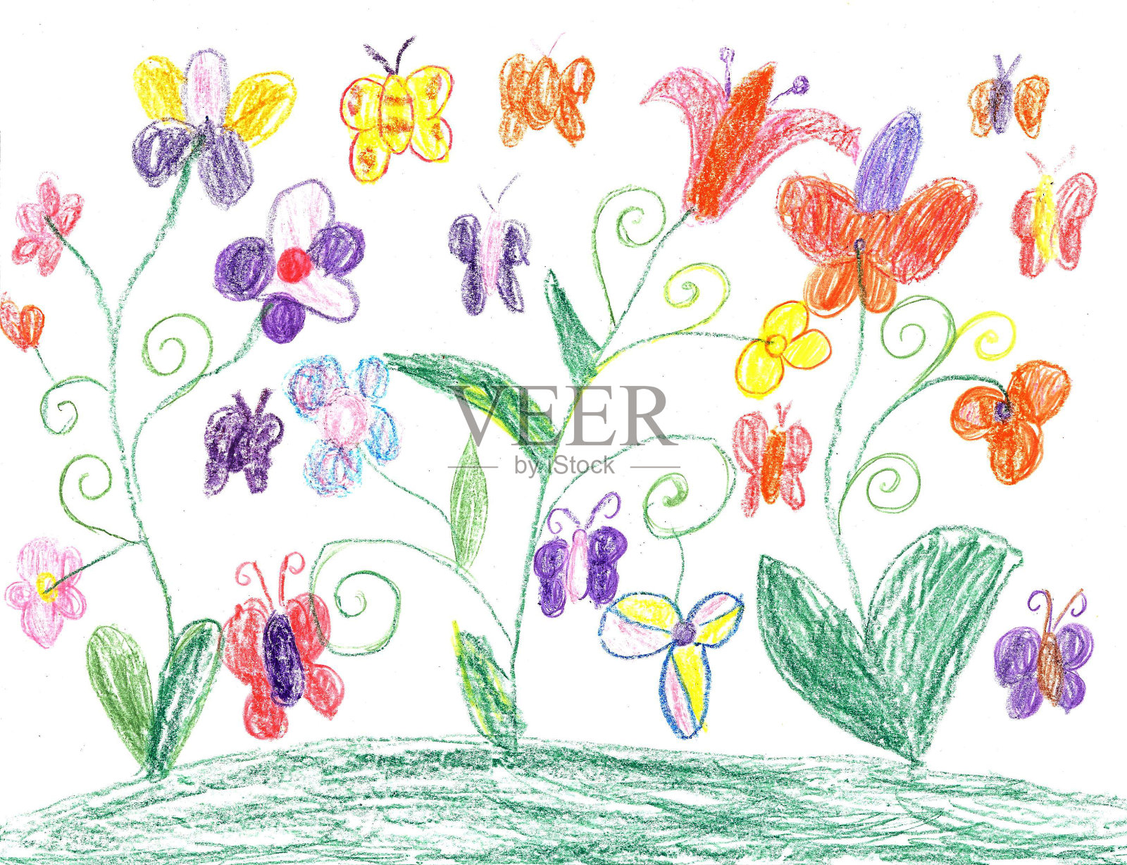 孩子画蝴蝶和花的自然插画图片素材