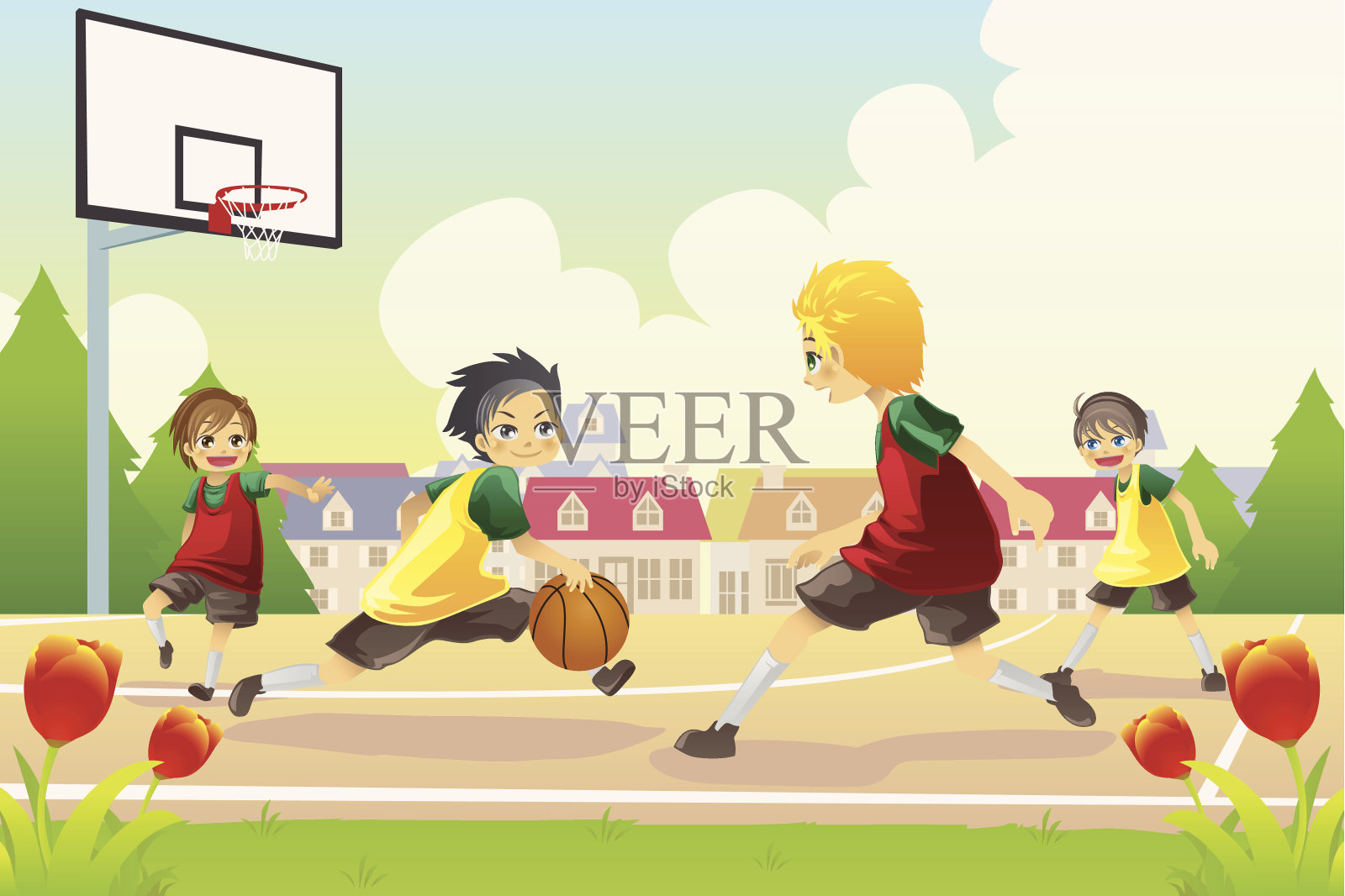 四个孩子在篮球场上的卡通插画图片素材