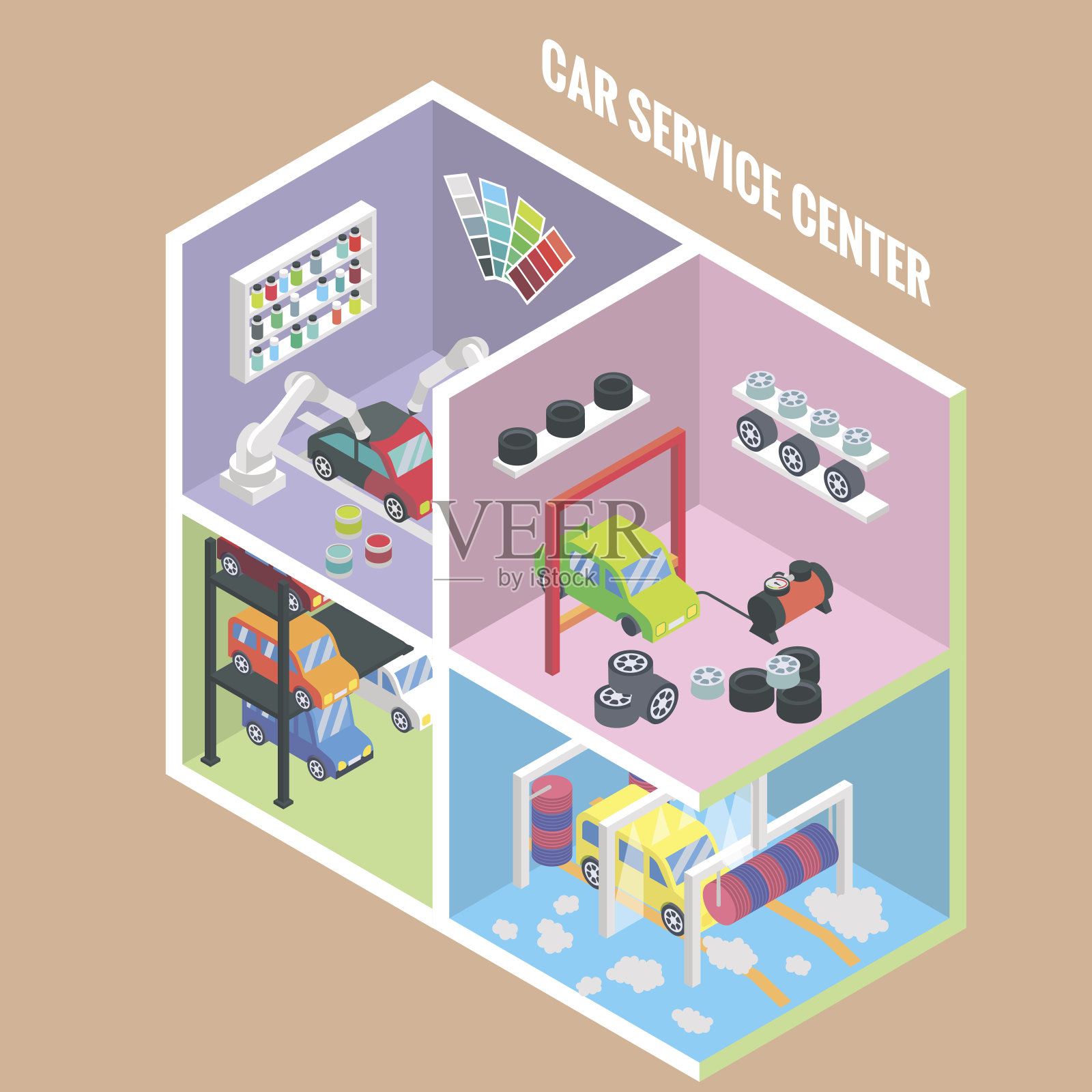 汽车服务中心等距图标。矢量平面3d设计元素。汽车喷漆，碰撞修复，多层停车，洗车，换轮胎，汽车修理工车库插画图片素材