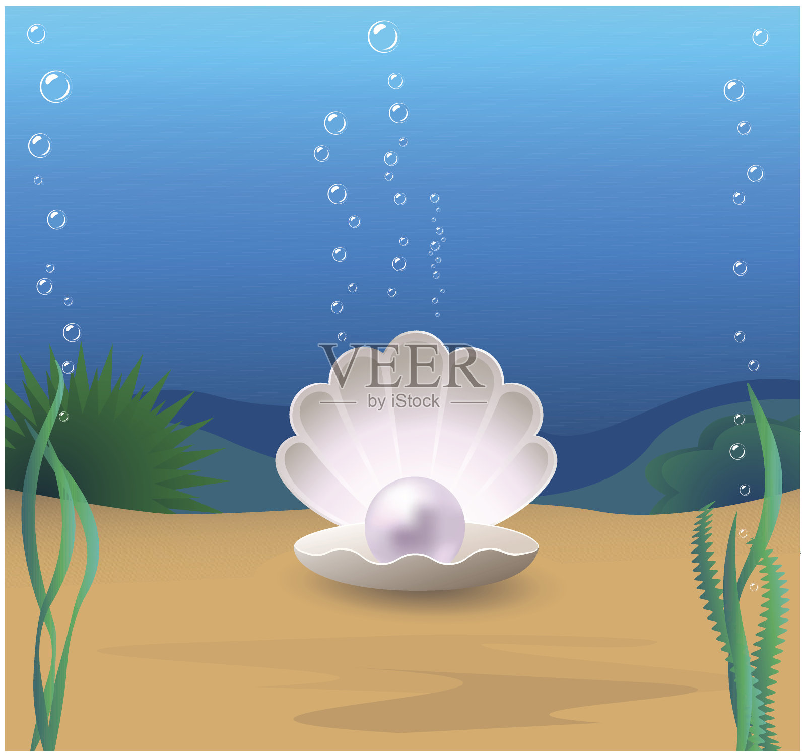 珍珠放在海底蛤壳里的珍珠插画图片素材