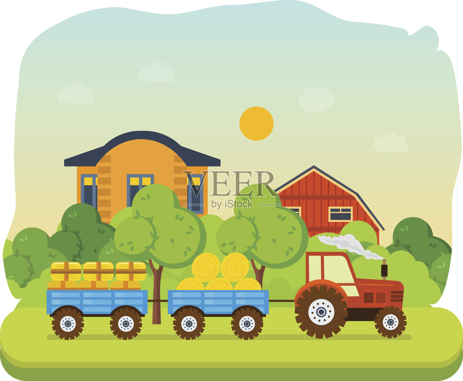 农民和农田，村庄与花园，绿化，干草，有机产品插画图片素材