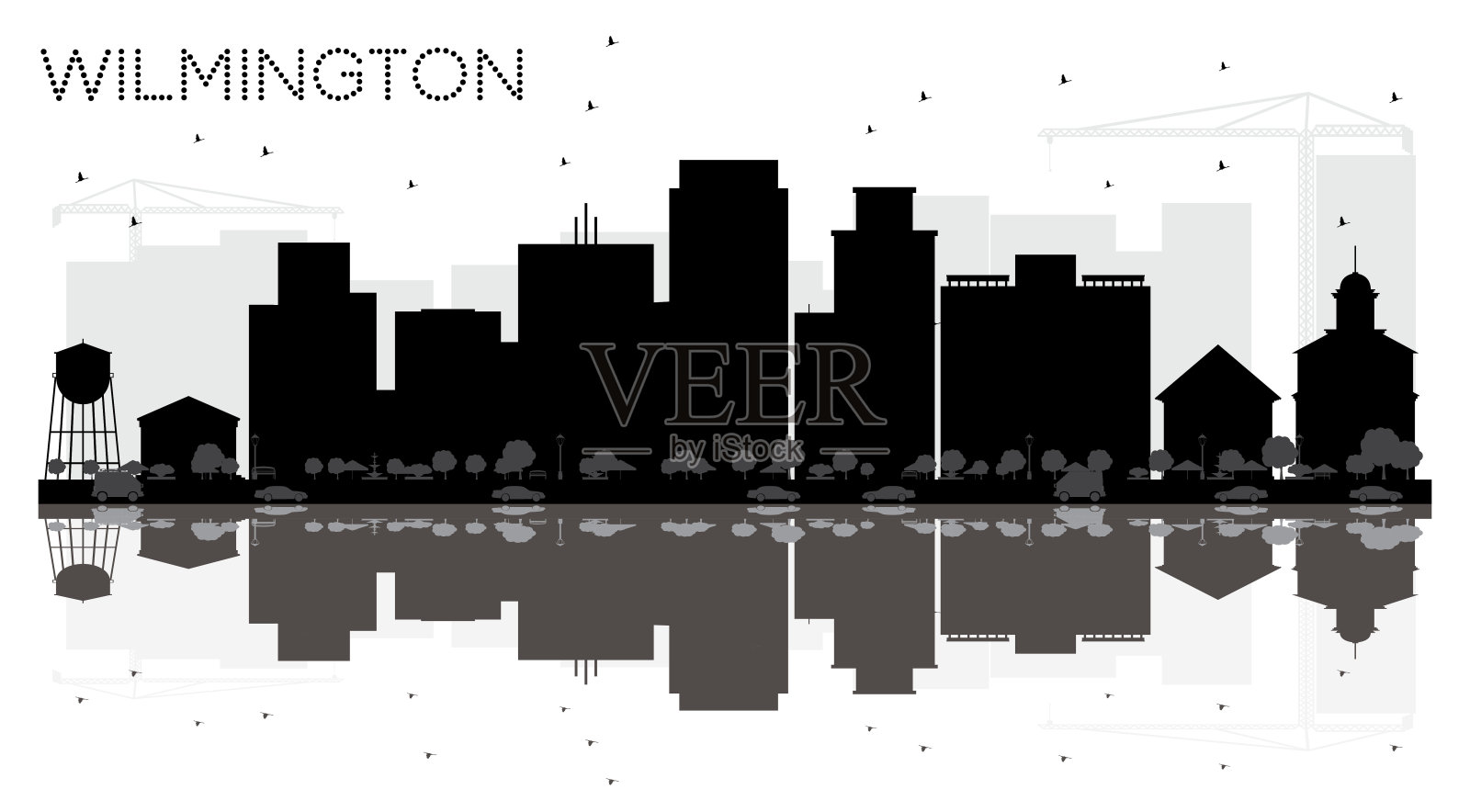 威尔明顿市的天际线上黑白相间的剪影。插画图片素材